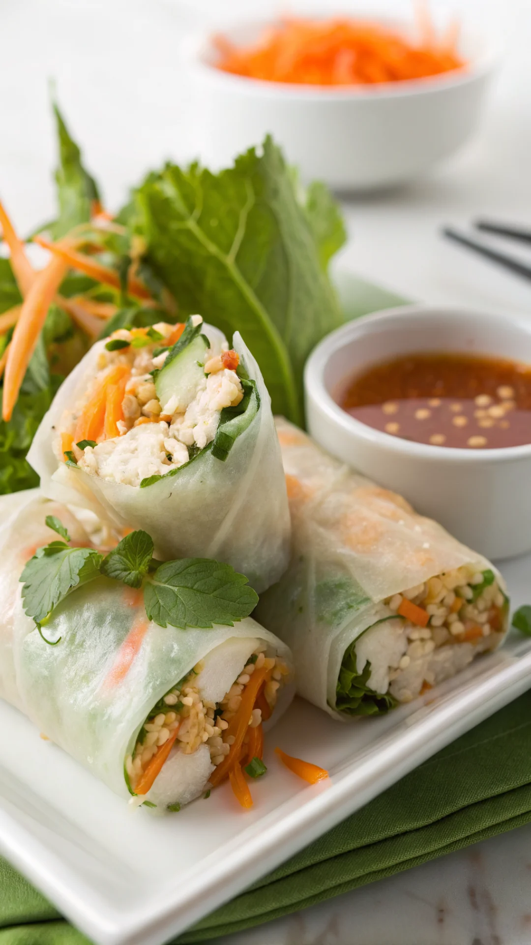Close-up portrait of fresh Vietnamese spring rolls with tofu, vermicelli and herbs on a white plate with dipping sauce, brigh
