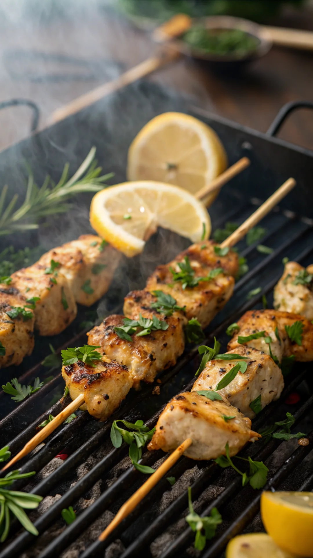 Close-up portrait of golden grilled lemon herb chicken skewers on a barbecue grill, smoky atmosphere, fresh herbs garnish, su