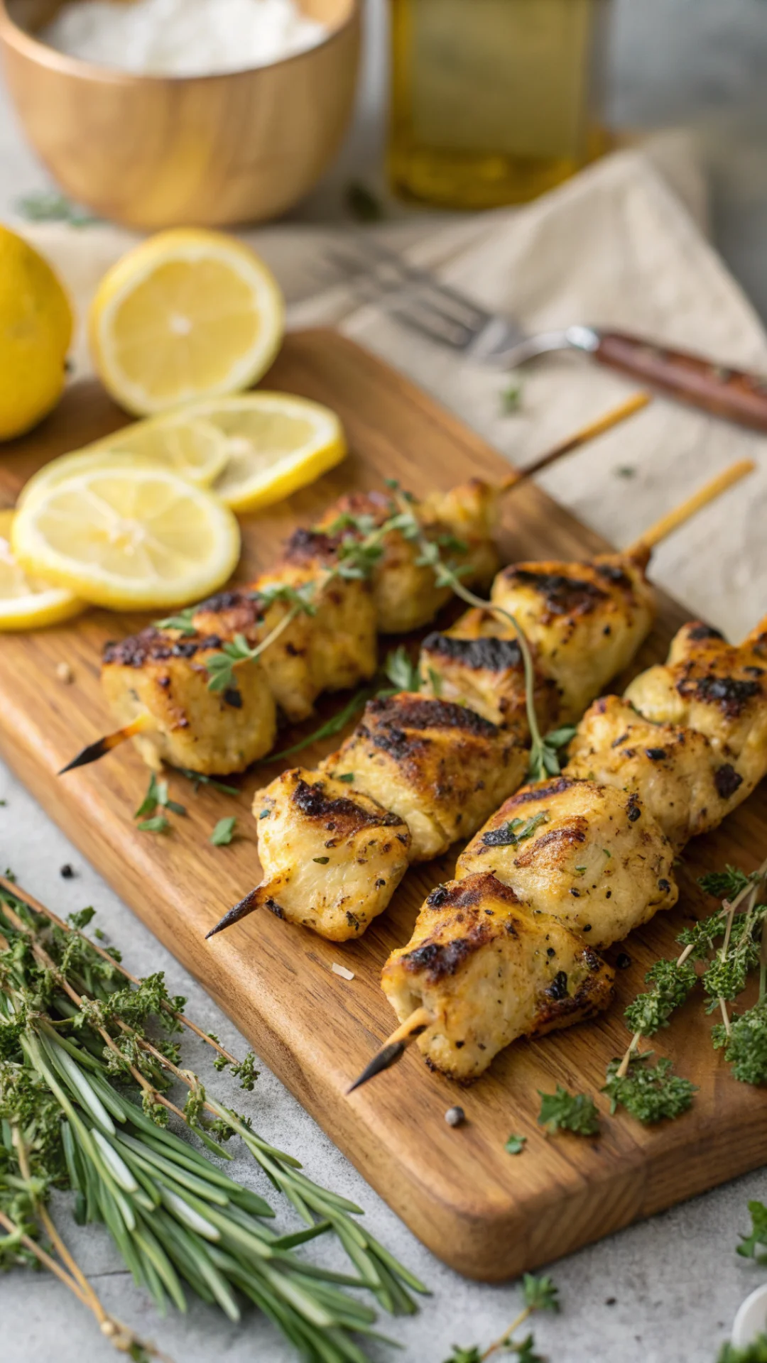 Close-up portrait of golden grilled lemon herb chicken skewers on a wooden board with fresh thyme and lemon slices, warm summ