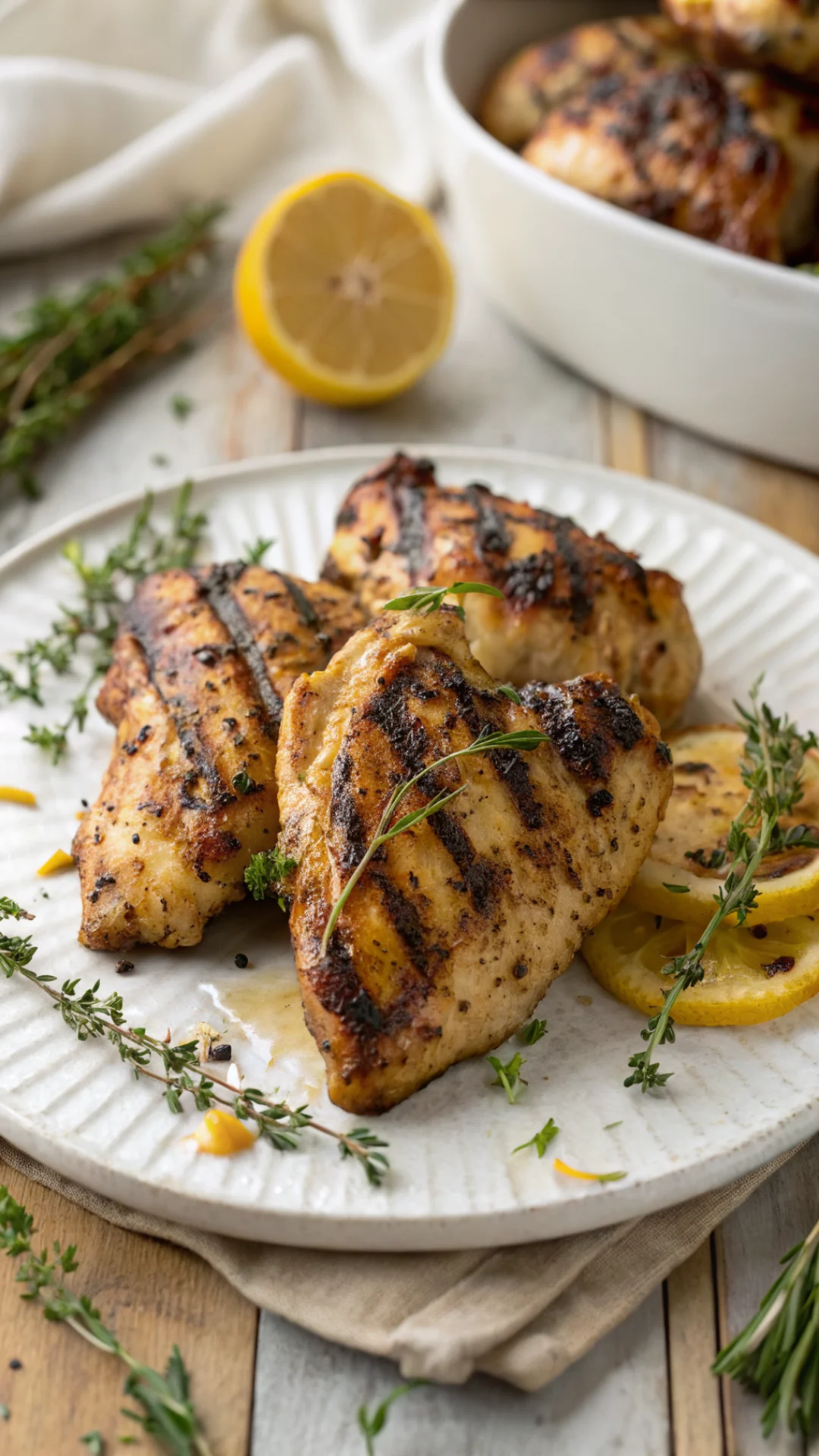 Close-up portrait of golden grilled lemon herb chicken thighs on a white plate, fresh thyme sprigs, charred grill marks, rust