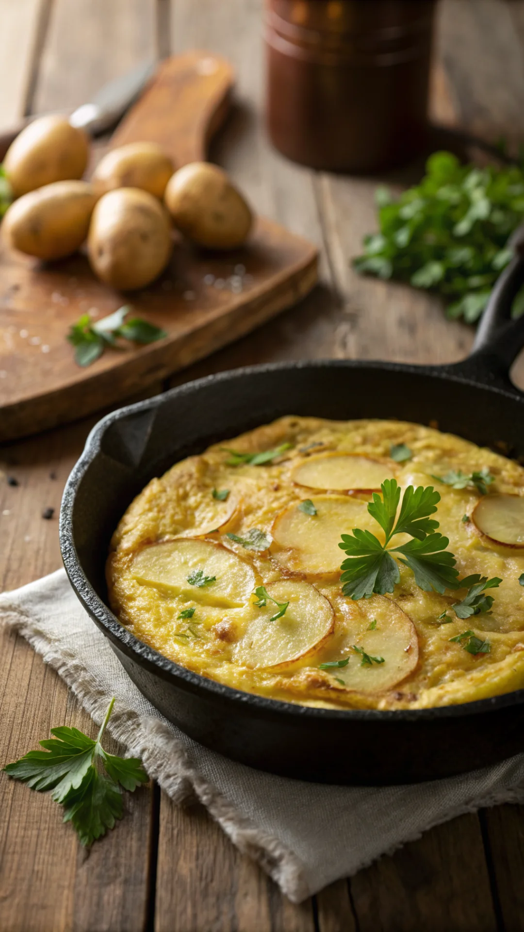 Close-up portrait of golden Spanish omelette tortilla espanola in a cast iron pan, potato slices visible, fresh parsley garni