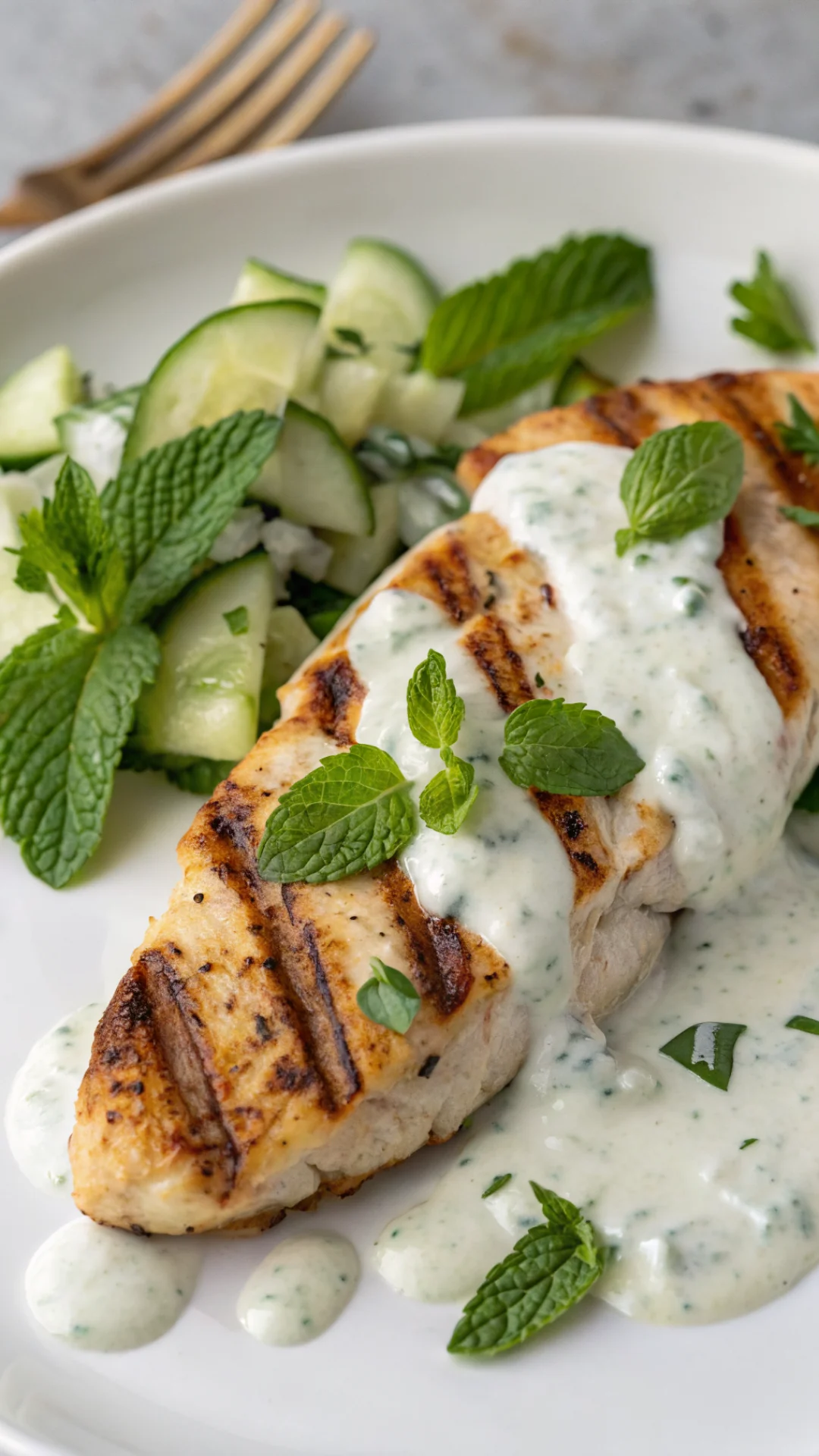 Close-up portrait of grilled chicken breast with creamy cucumber yogurt tzatziki sauce, fresh mint leaves, Mediterranean food