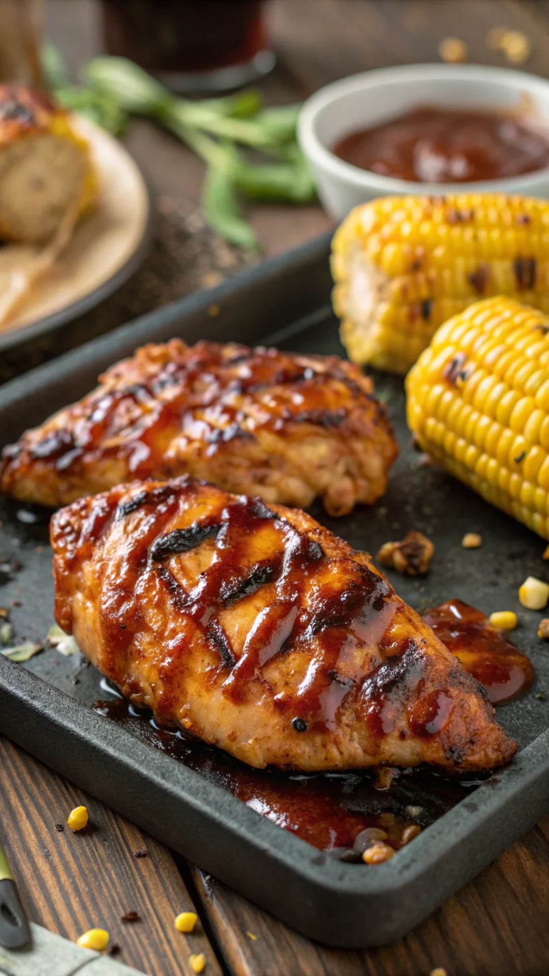 Close-up portrait of grilled chicken fillets glazed with homemade BBQ sauce, caramelized grill marks, brush with sauce, corn