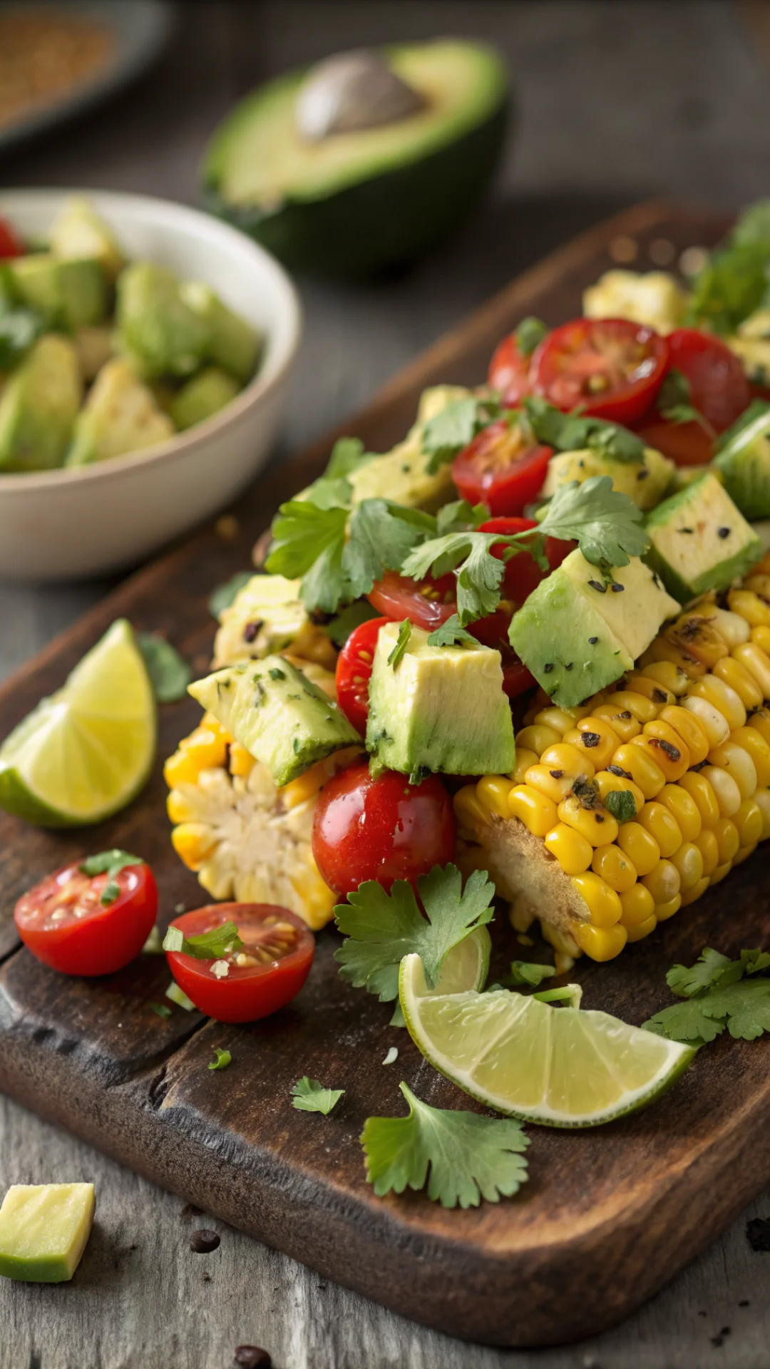 Close-up portrait of grilled corn salad with creamy avocado chunks, bicolor cherry tomatoes and fresh cilantro with lime wedg