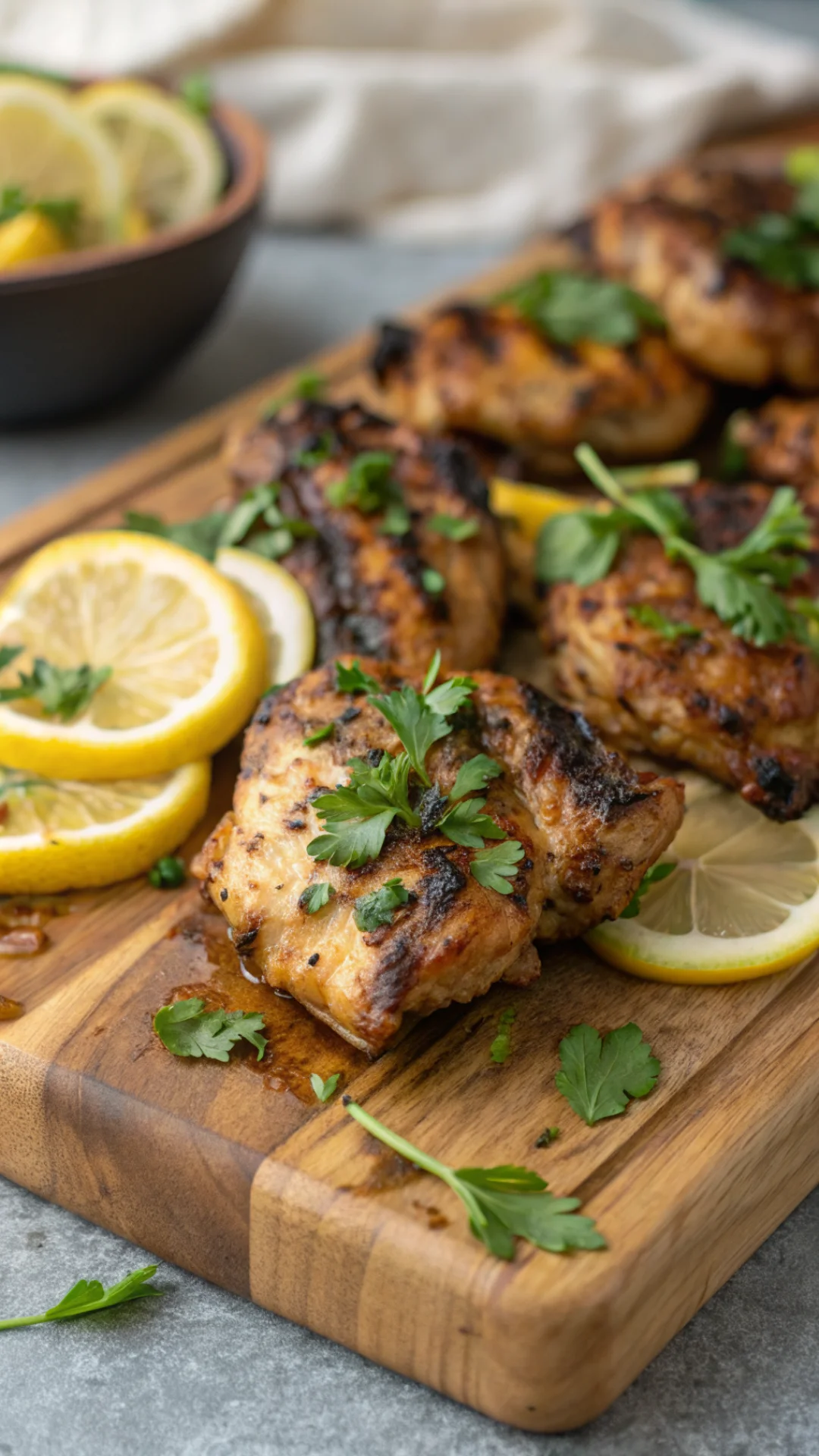 Close-up portrait of grilled golden chermoula chicken thighs with fresh herbs and lemon wedges on a wooden board, 9:16