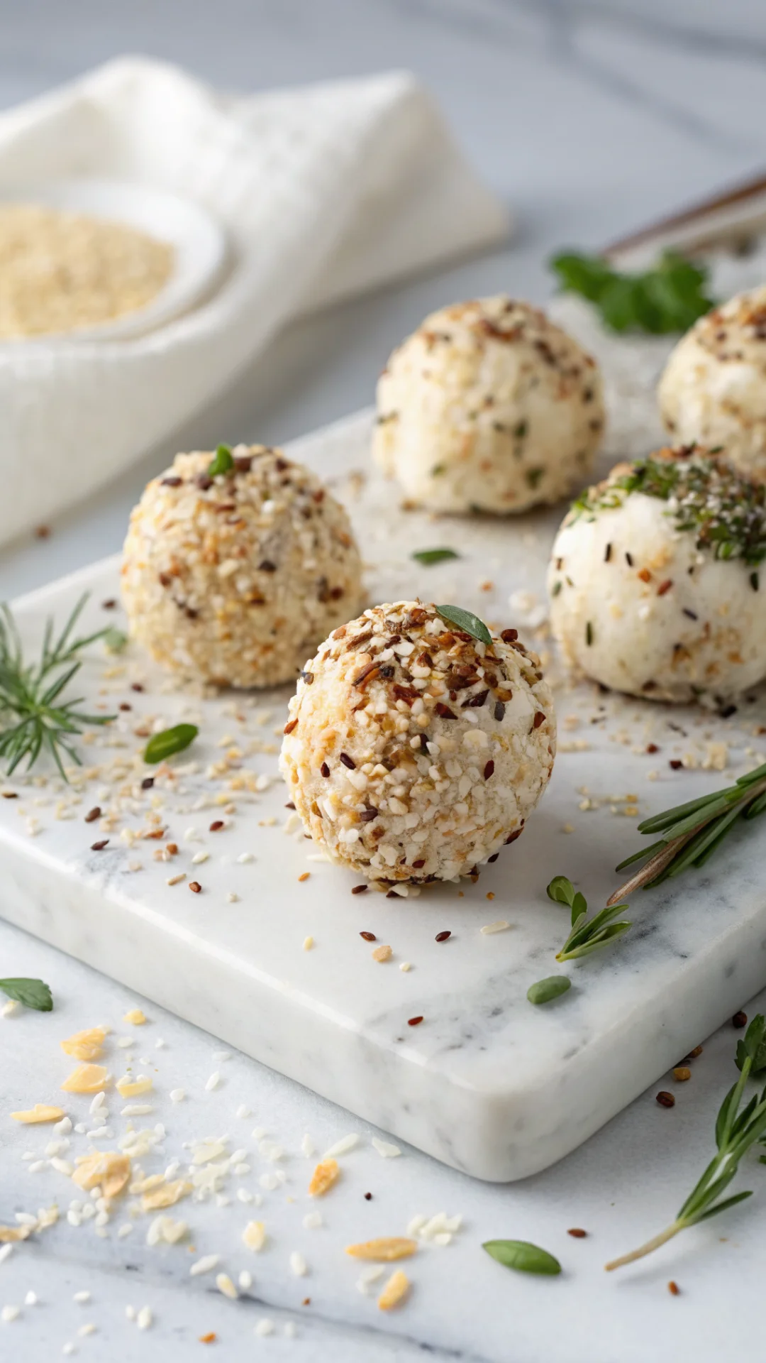 Close-up portrait of homemade feta cheese balls rolled in sesame seeds and herbes de Provence on a white marble board, elegan