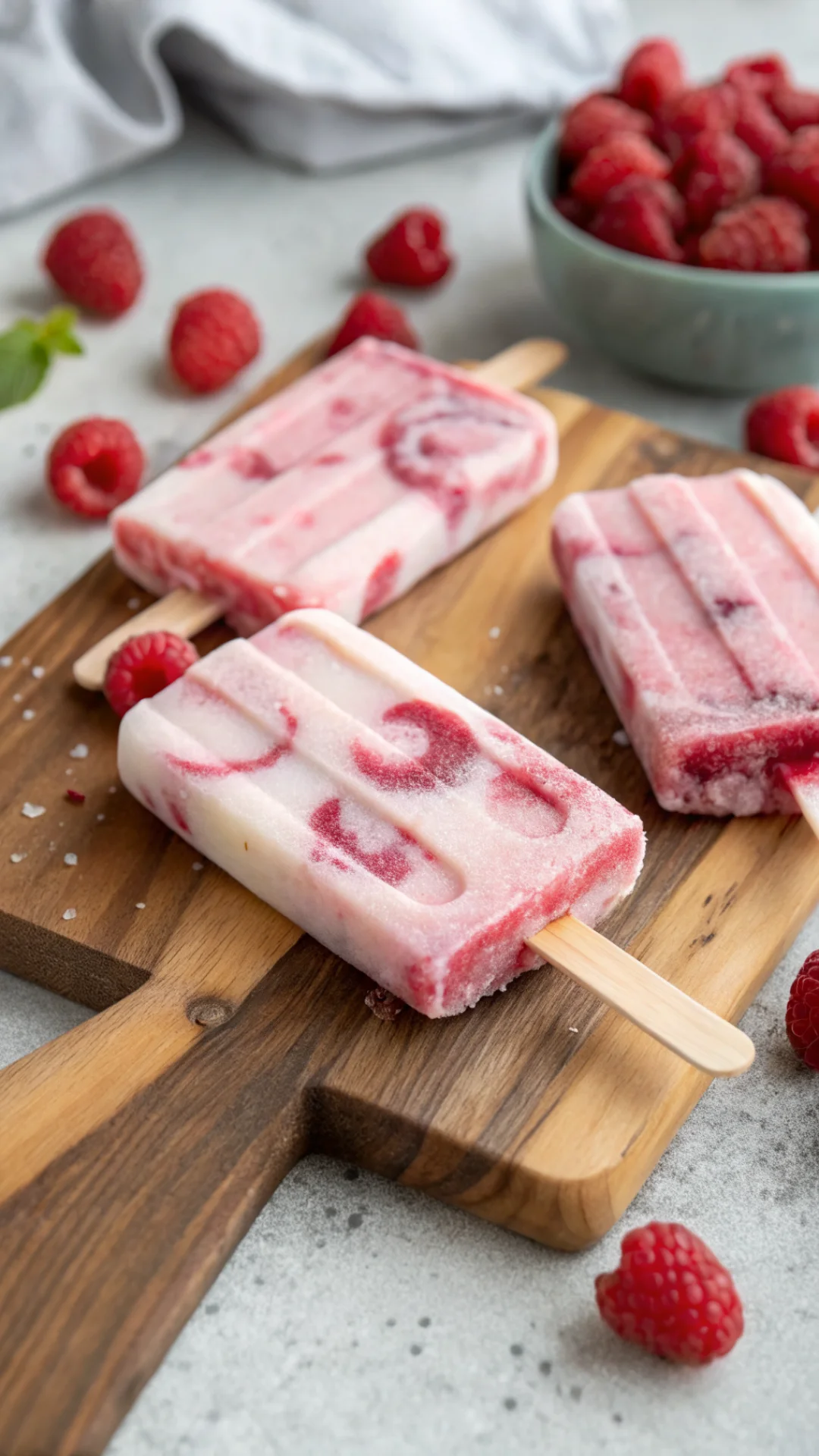 Close-up portrait of homemade raspberry yogurt ice cream popsicles on a wooden surface with fresh raspberries scattered aroun