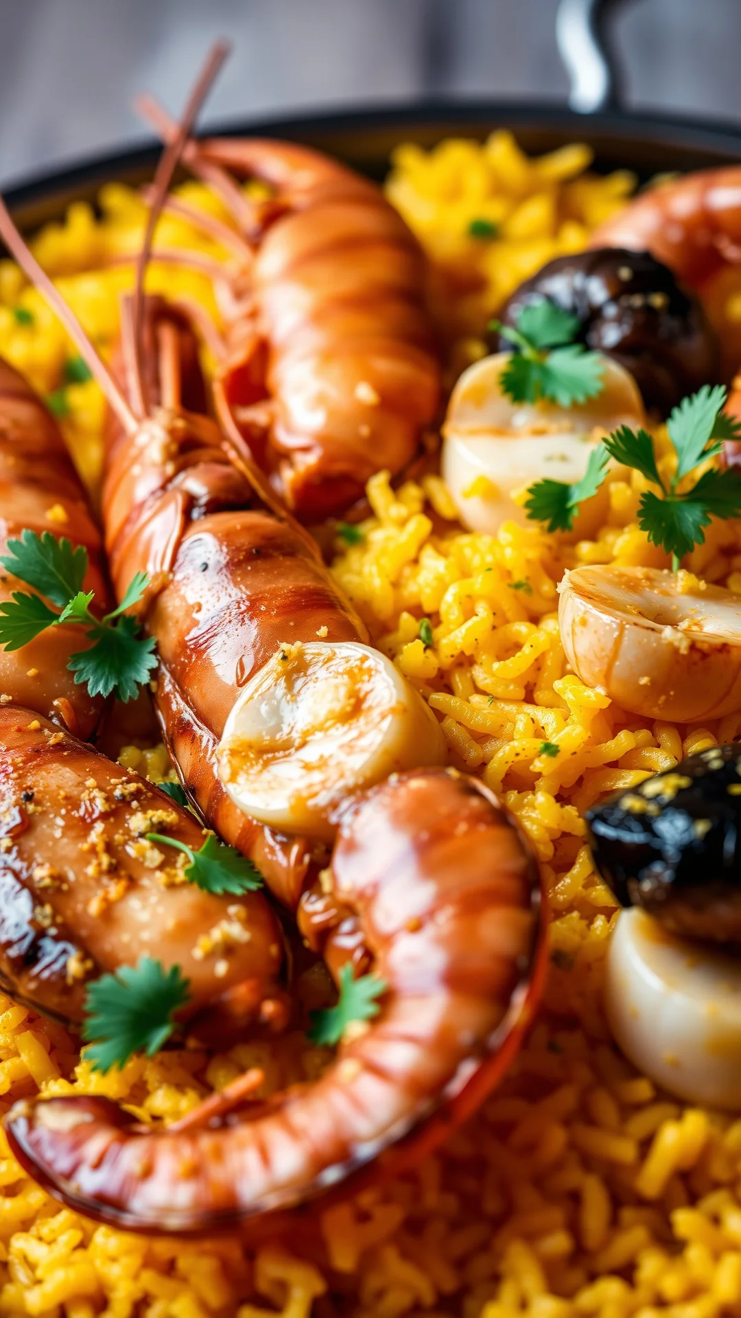 Close-up portrait of luxury paella with whole langoustines, scallops, monkfish, premium saffron golden rice, fresh parsley, e