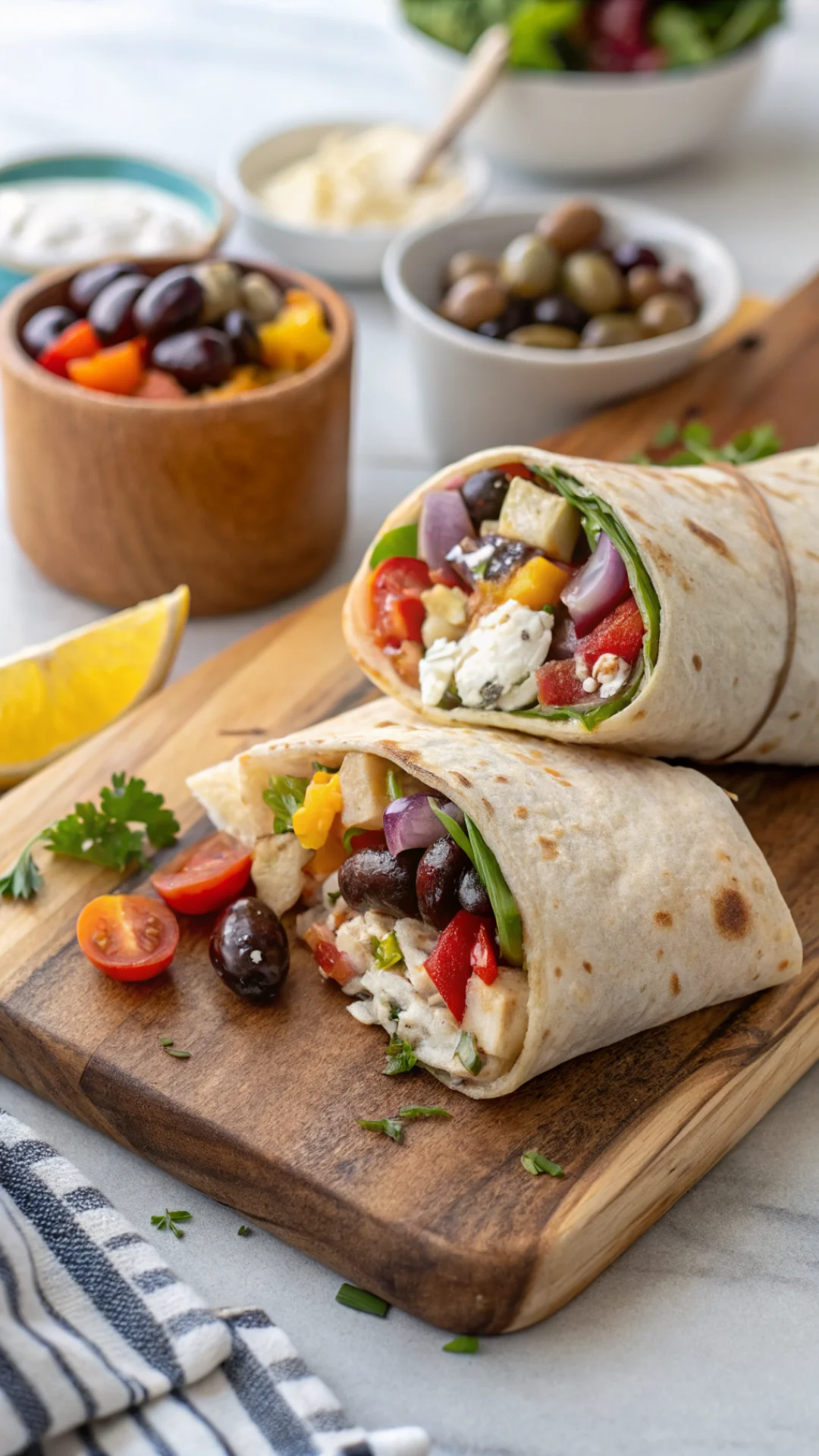 Close-up portrait of Mediterranean wraps with hummus, colorful vegetables, feta and olives, halved diagonally, rustic wooden