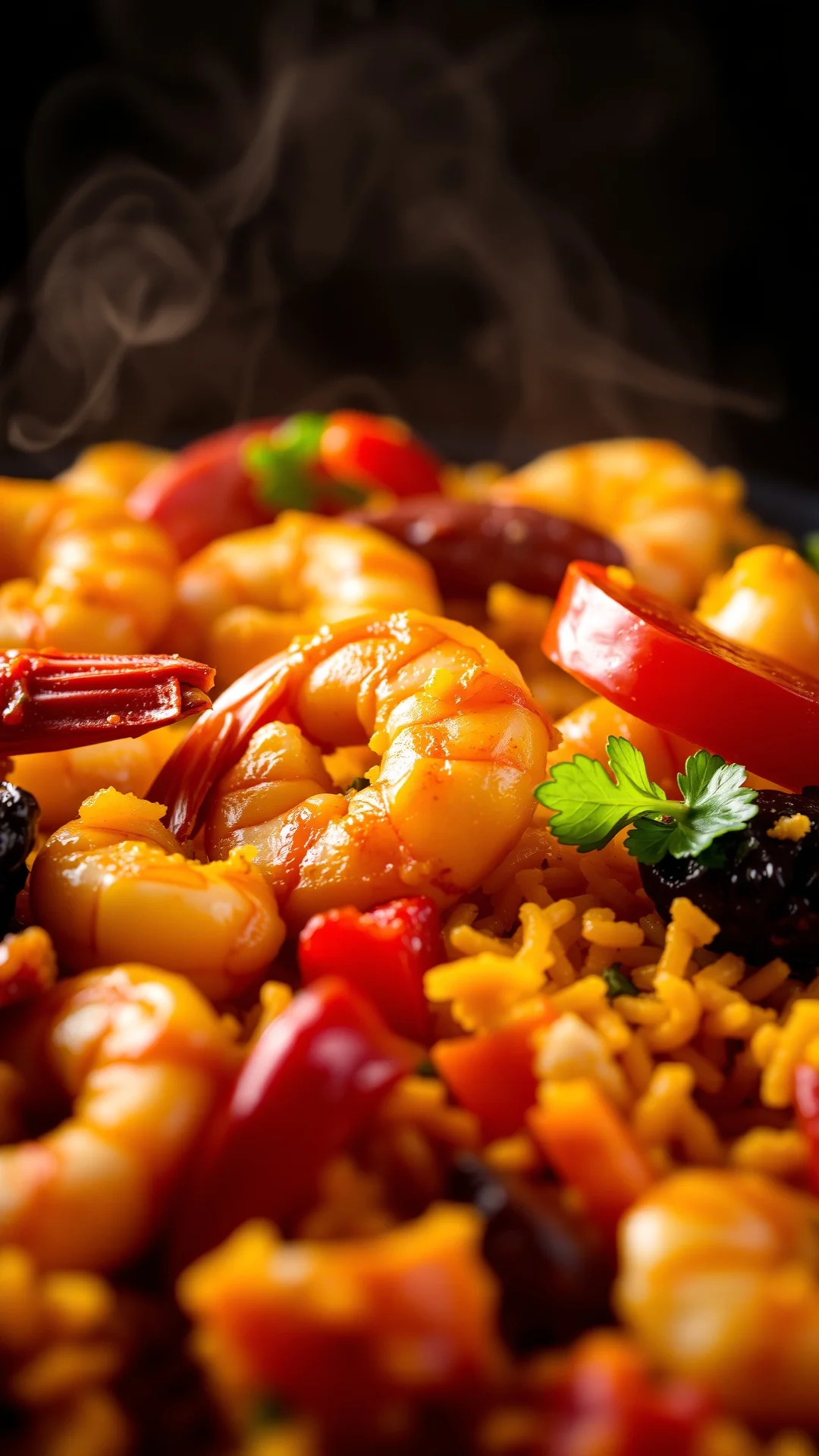 Close-up portrait of mixed paella with colorful shrimp, chicken, chorizo slices, red peppers, golden rice, steam rising, dram