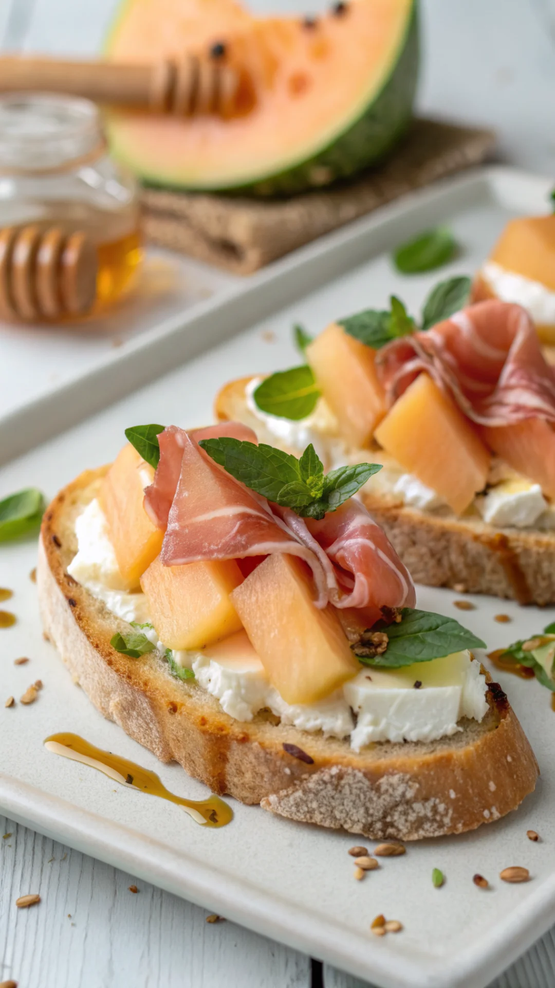 Close-up portrait of open-faced tartine with ricotta, fresh cantaloupe melon slices and thin prosciutto, drizzled with honey