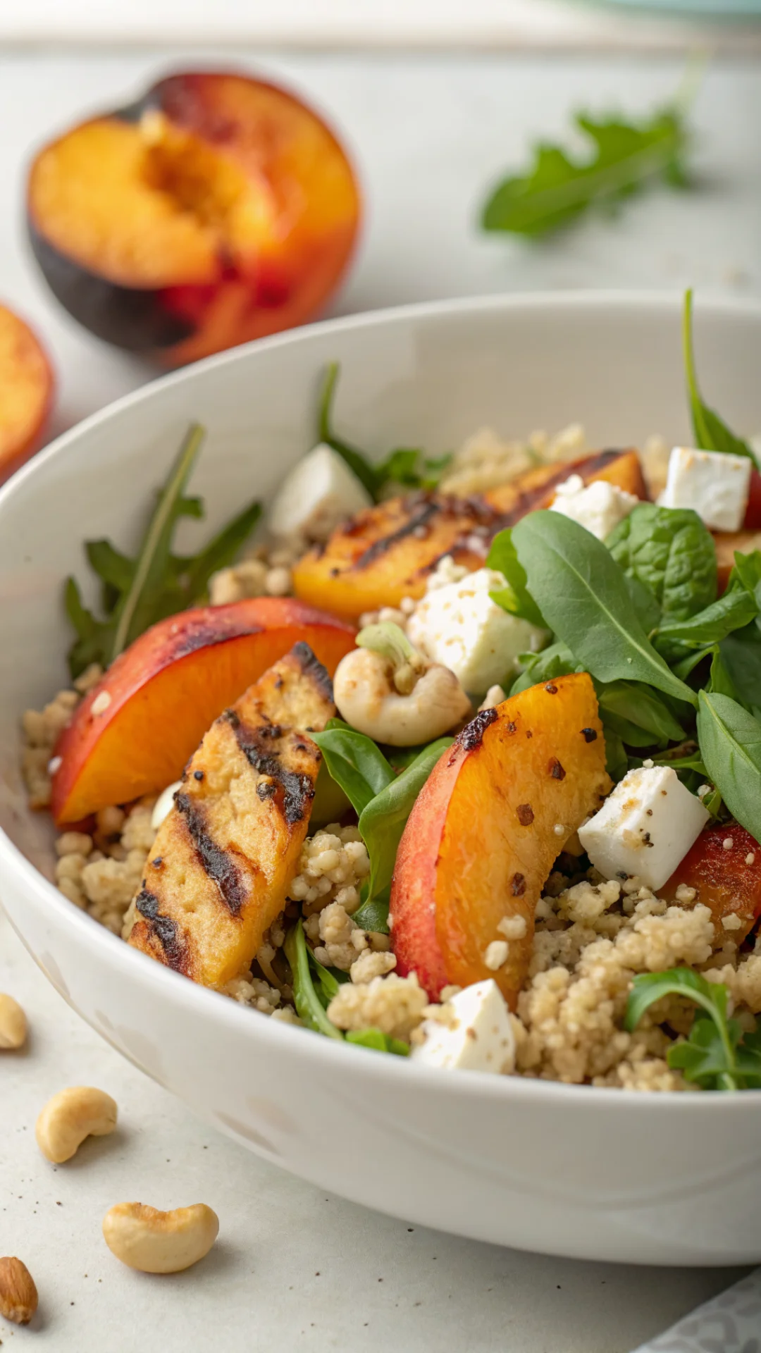 Close-up portrait of quinoa salad with grilled peaches, vegan feta, rocket leaves and cashews in a white bowl, summer light,