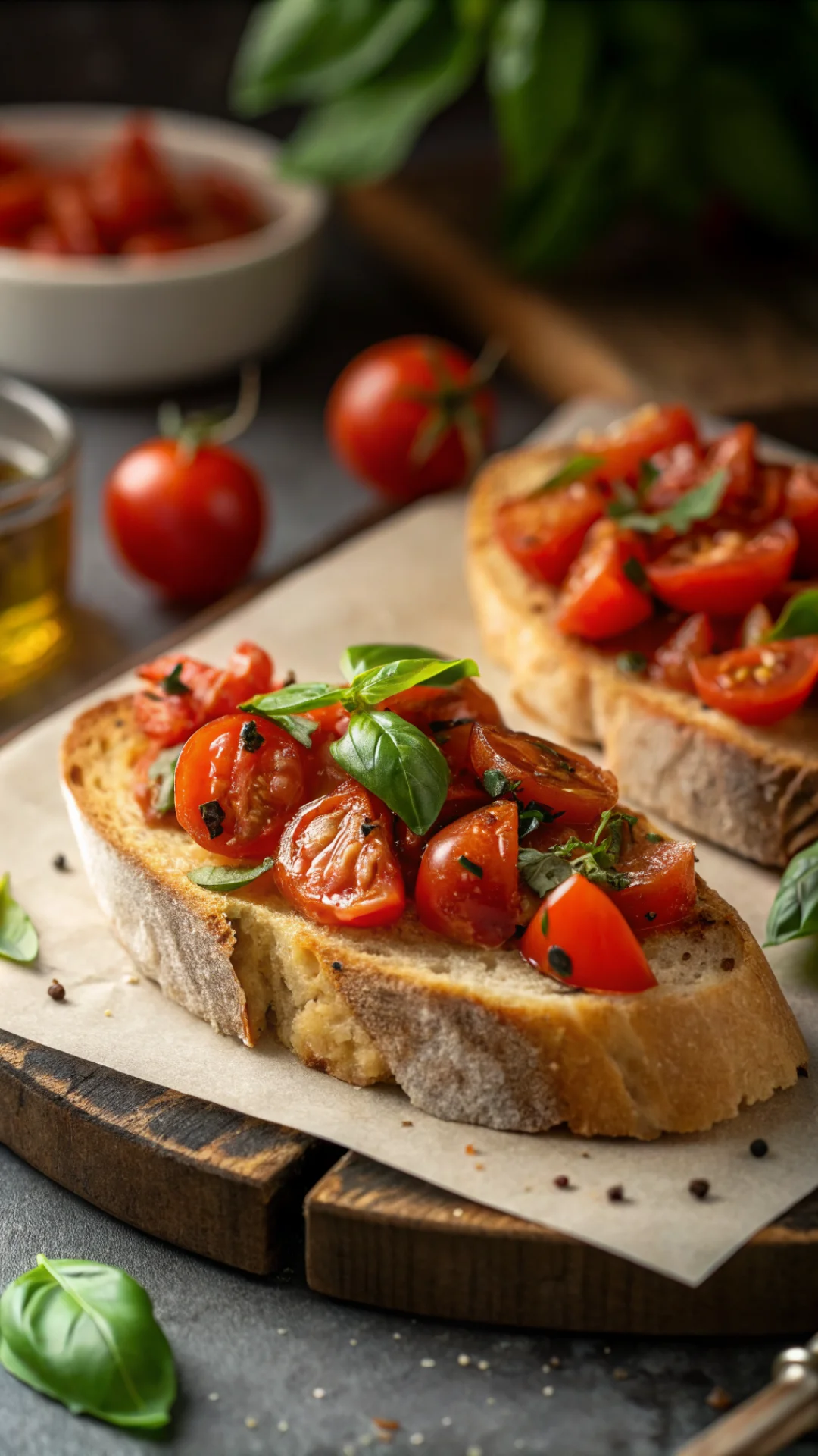 Close-up portrait of rustic bruschetta topped with fresh cherry tomatoes and basil on toasted ciabatta, golden light, Italian