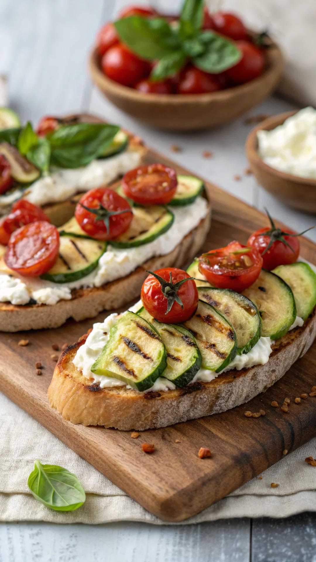 Close-up portrait of rustic open-faced tartines topped with creamy ricotta, grilled zucchini, cherry tomatoes and fresh basil