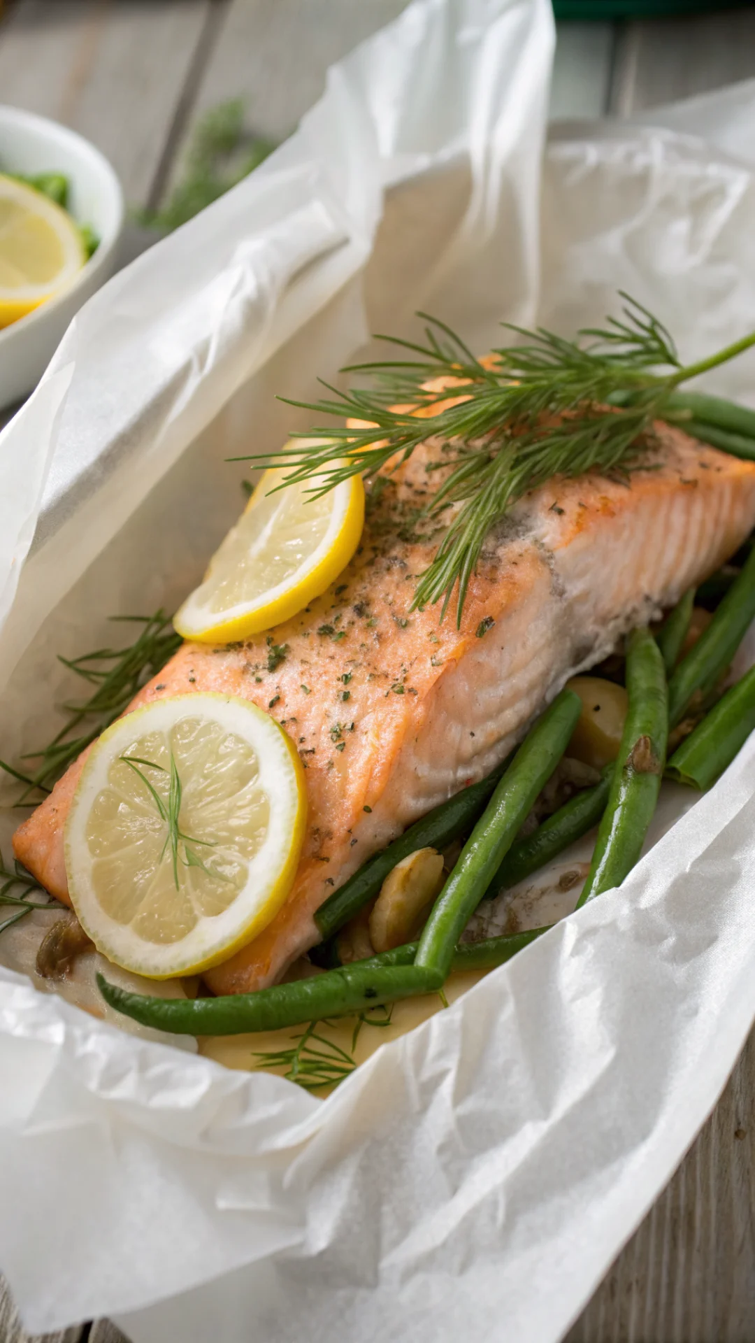 Close-up portrait of salmon en papillote opened to reveal flaky fish with lemon slices, fresh dill and green beans, elegant f