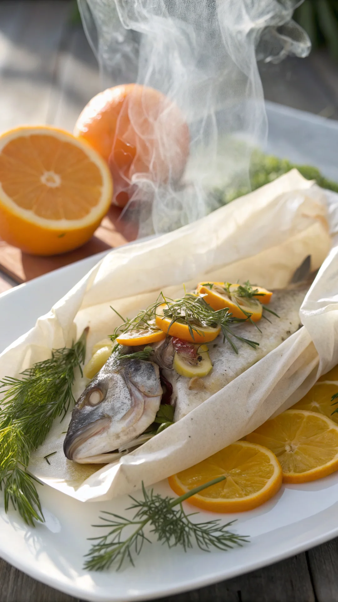Close-up portrait of sea bream en papillote just opened, steam rising, orange citrus slices fennel fronds fresh dill, white p