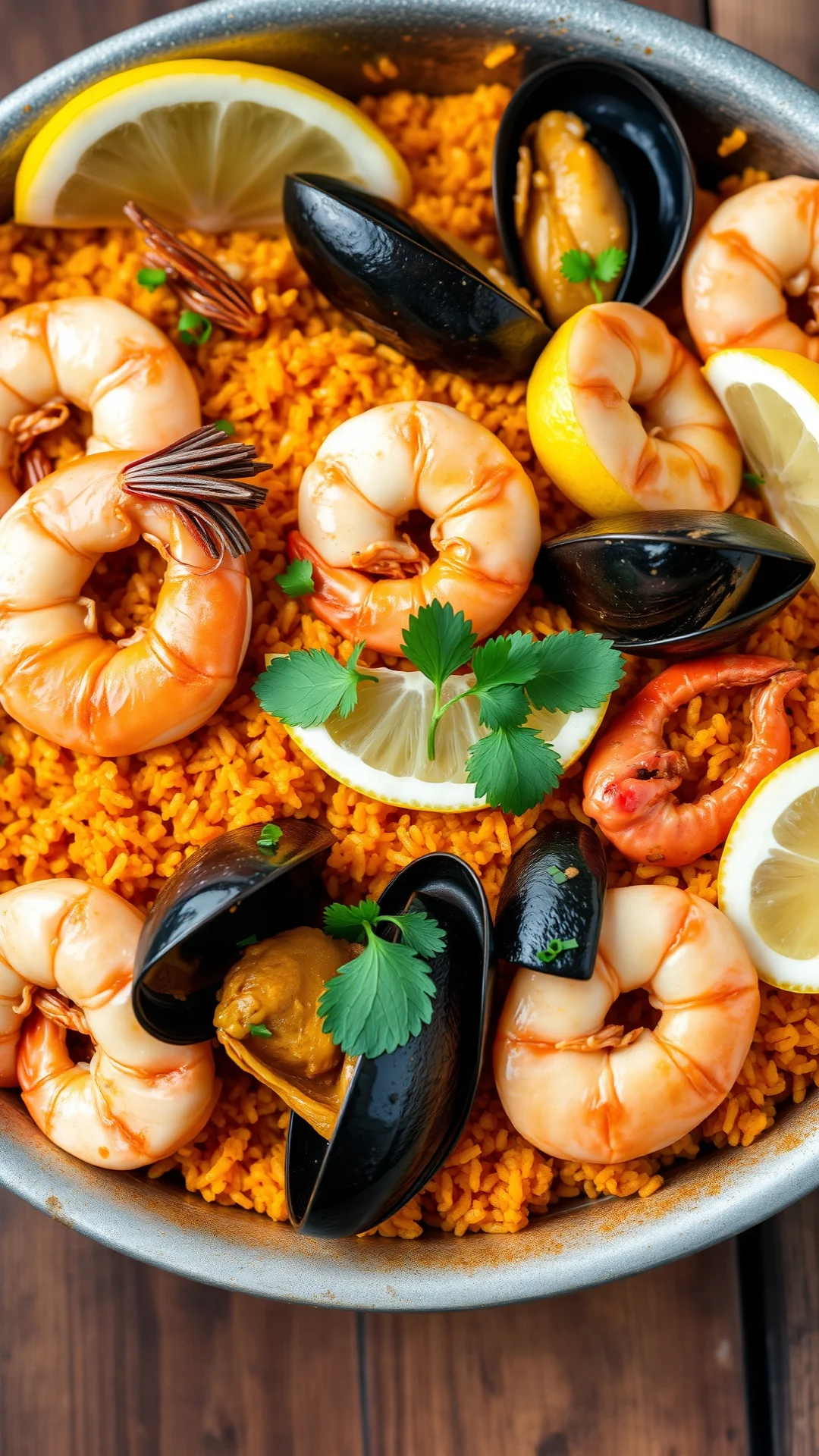 Close-up portrait of seafood paella with shrimp, mussels, calamari, vibrant orange saffron rice, fresh lemon wedges, rustic w