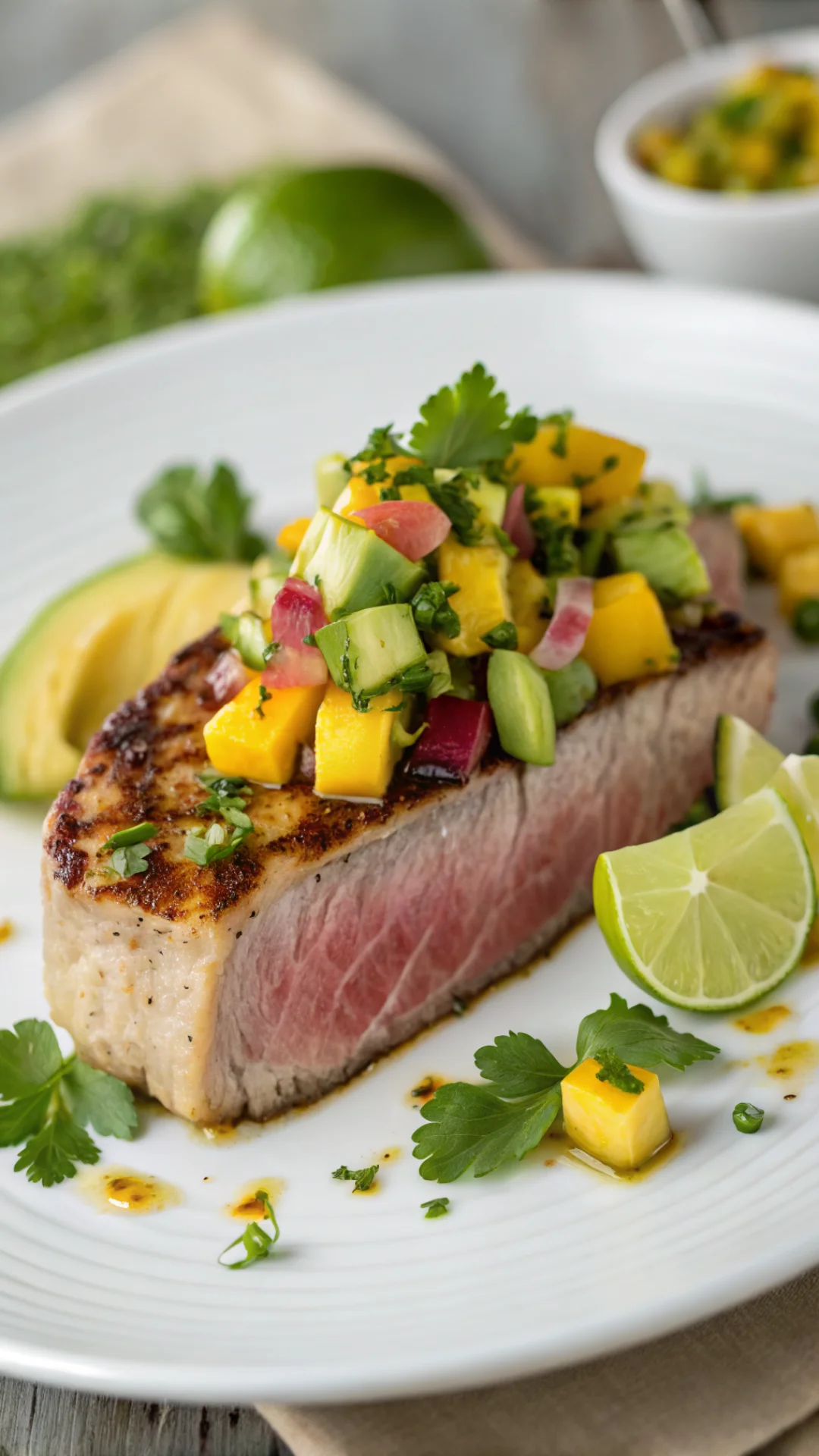 Close-up portrait of seared tuna steak topped with mango avocado salsa, fresh cilantro lime wedge, white plate, bright tropic