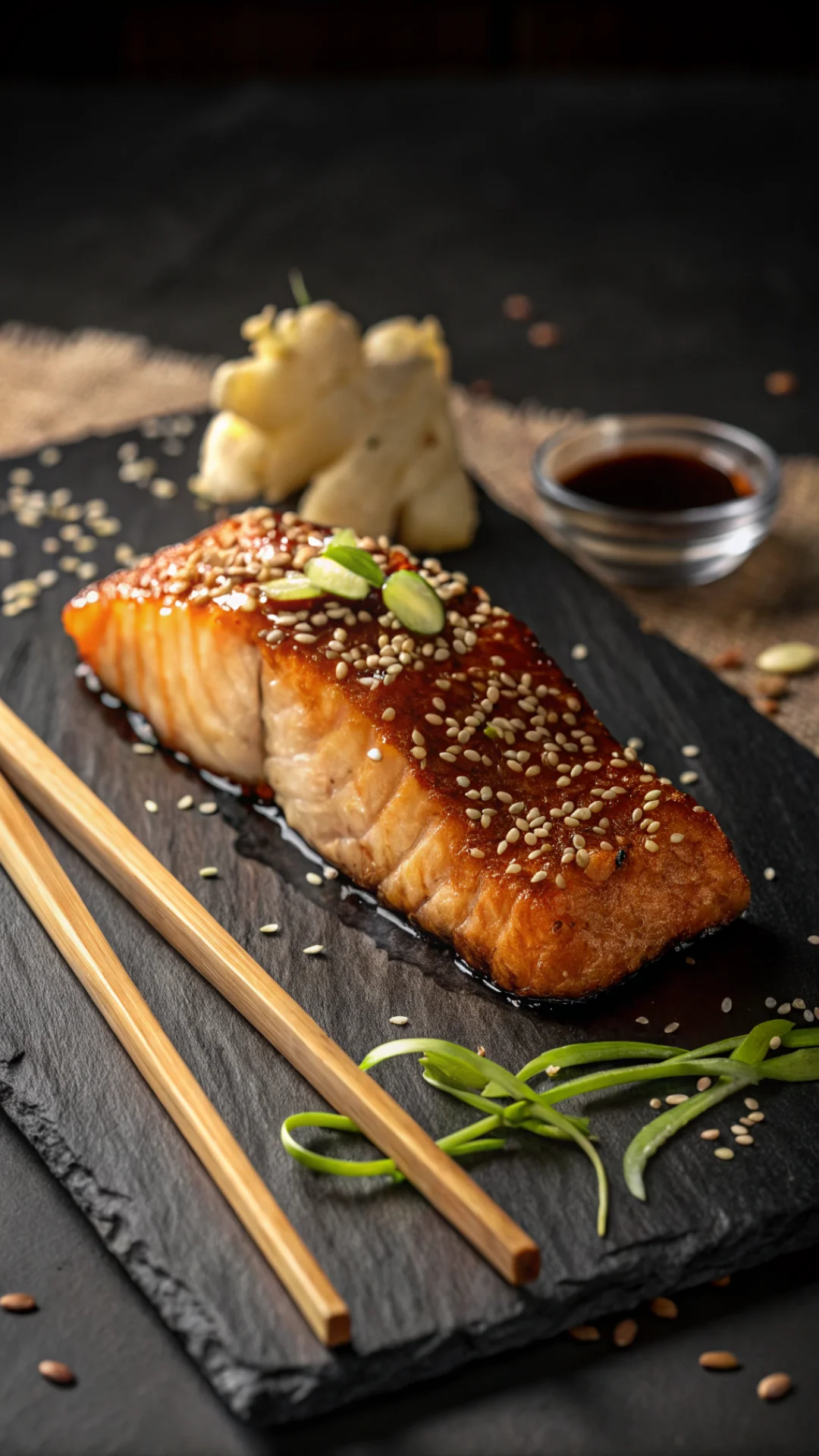 Close-up portrait of sesame-crusted salmon fillet with soy glaze on dark slate, golden sesame crust, fresh ginger, chopsticks