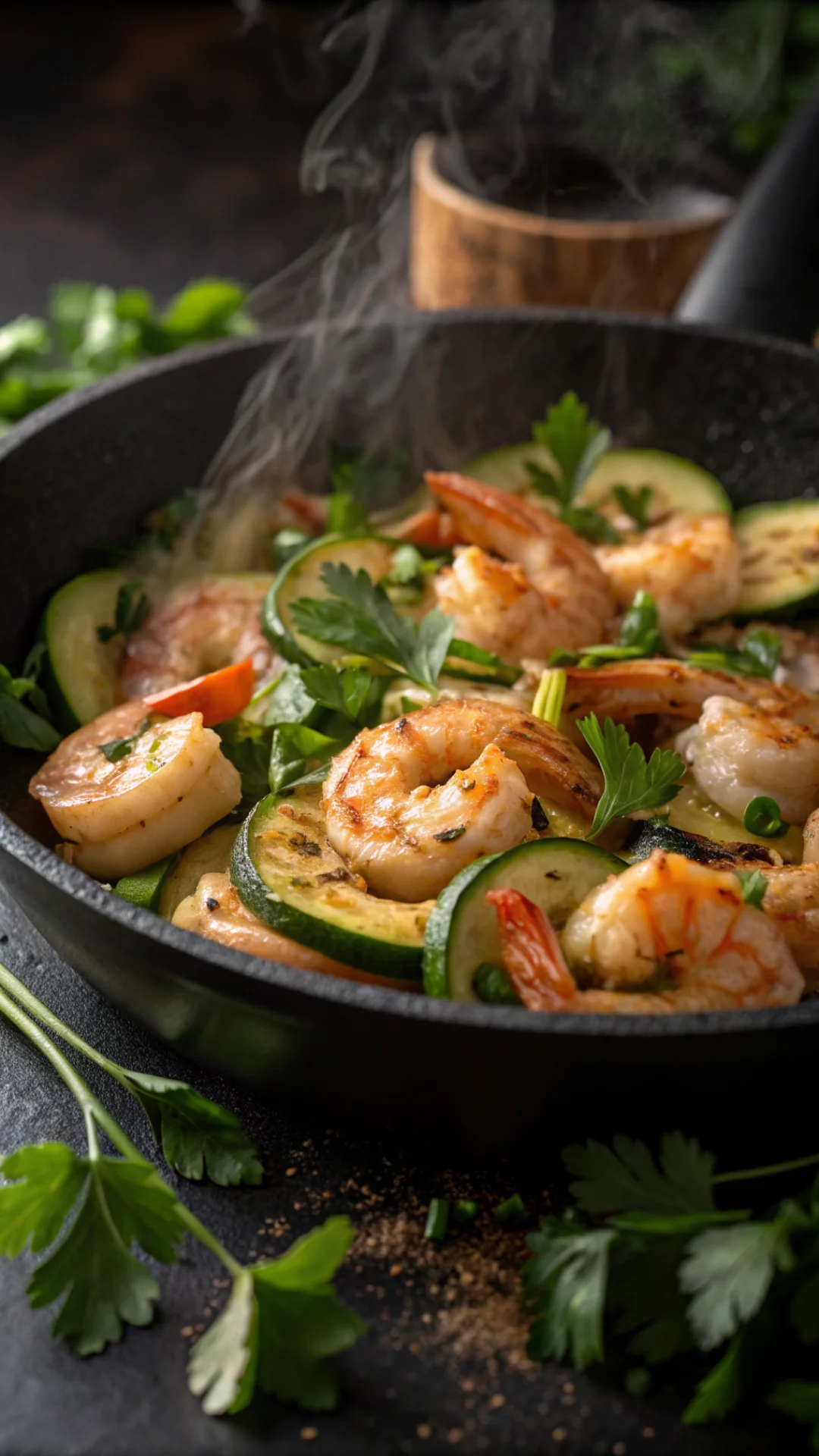 Close-up portrait of sizzling garlic prawns with zucchini slices in a skillet, fresh parsley scattered, vibrant colors and st