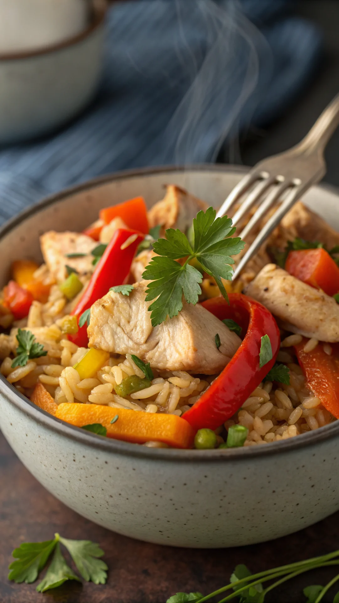 Close-up portrait of steaming rice dinner with tender chicken pieces, vibrant red peppers, golden carrots, and fresh green pa