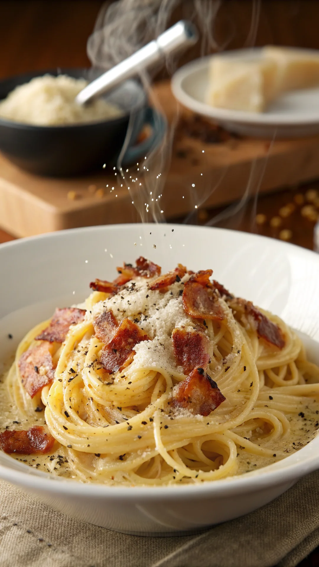 Close-up portrait of steaming spaghetti carbonara in a white bowl, creamy egg sauce, crispy bacon bits, freshly ground black
