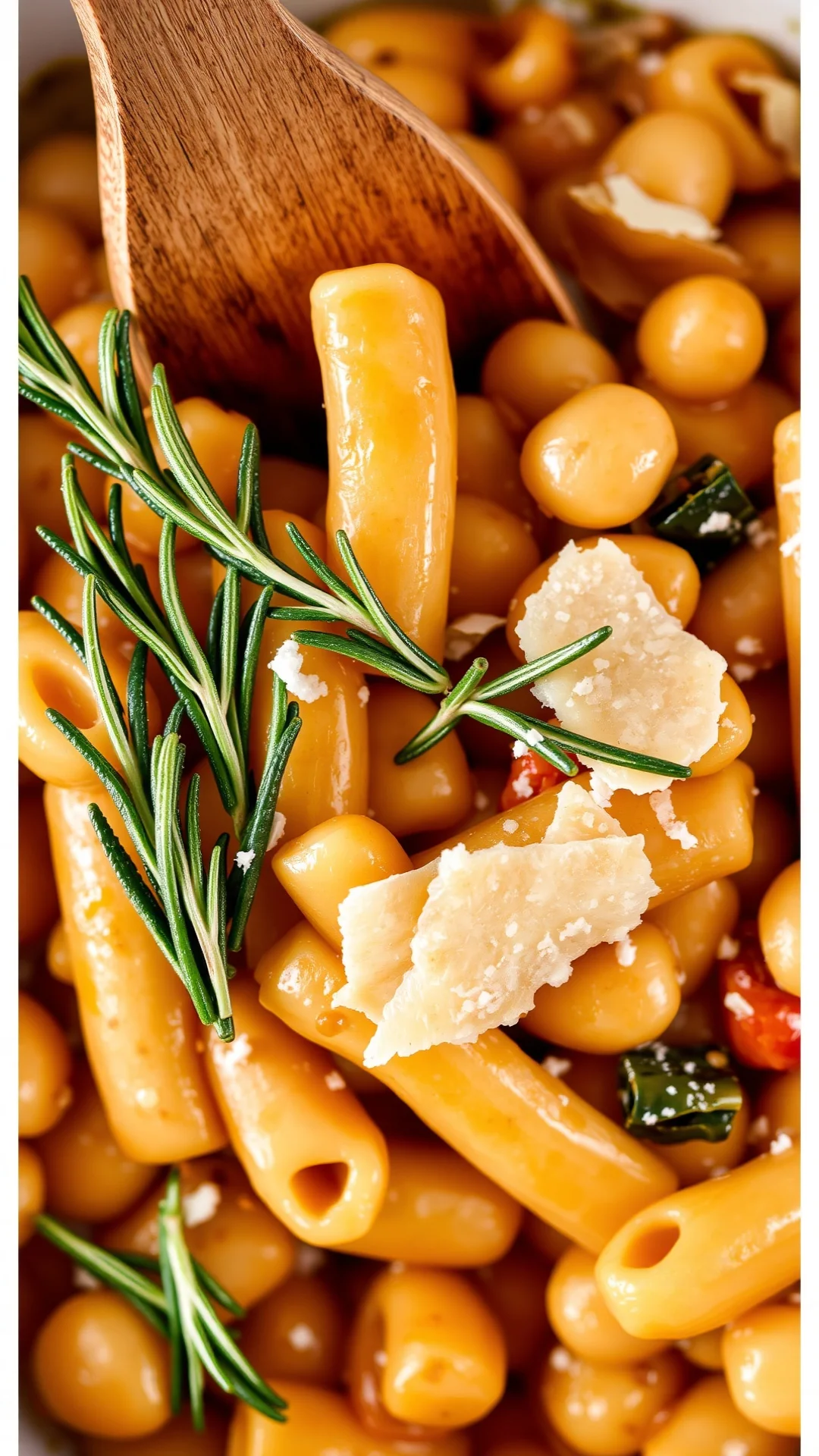 Close-up portrait of thick Italian pasta e fagioli with white beans and small pasta shapes, fresh rosemary, parmesan shavings