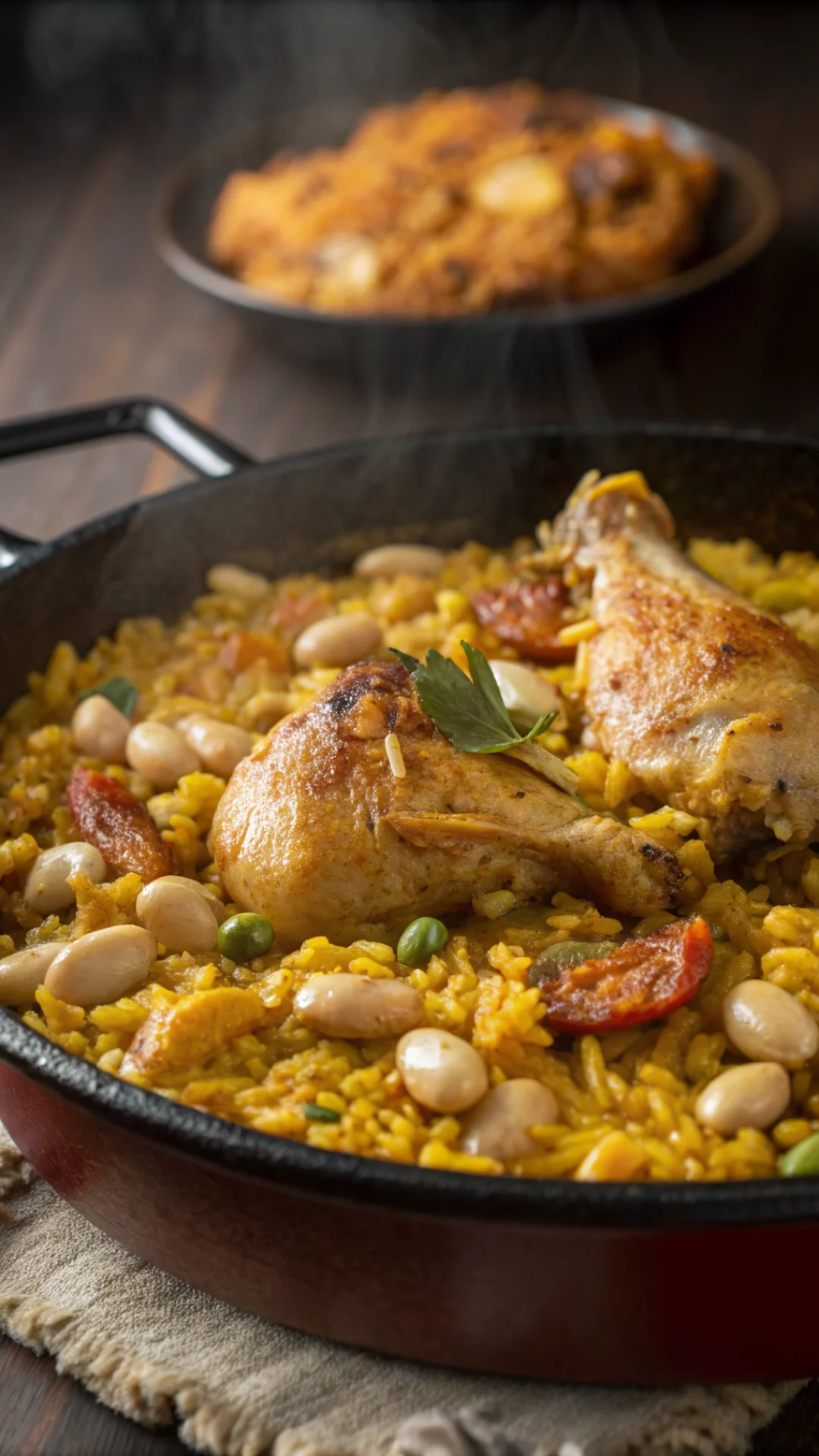 Close-up portrait of traditional paella valenciana with saffron rice, chicken pieces, white beans, golden socarrat crust, aro