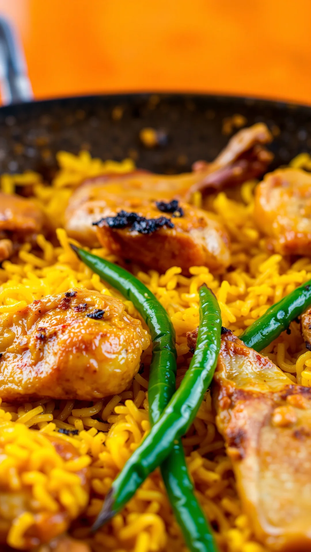 Close-up portrait of traditional Valencian paella with golden saffron rice, chicken and rabbit pieces, green beans, rustic Sp