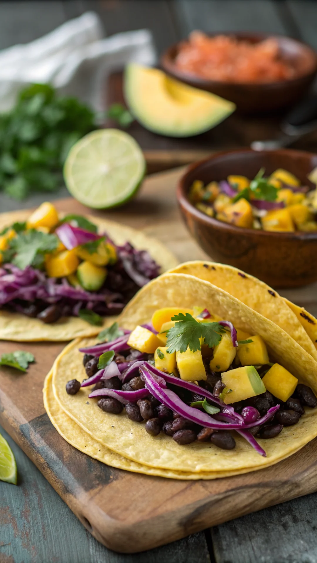 Close-up portrait of vegan black bean tacos topped with fresh mango salsa and purple cabbage on corn tortillas, vibrant color