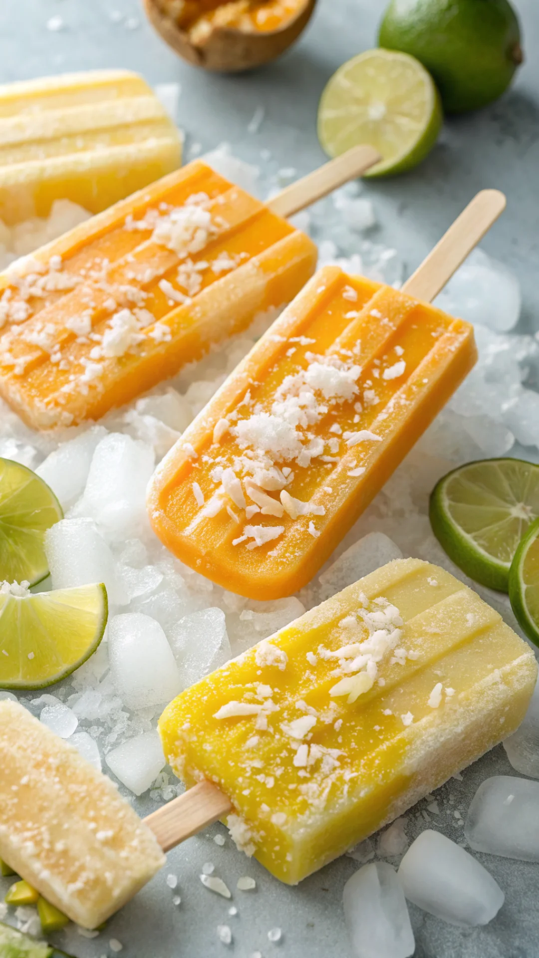 Close-up portrait of vibrant mango coconut popsicles on crushed ice, tropical yellow orange colors, coconut flakes, fresh lim