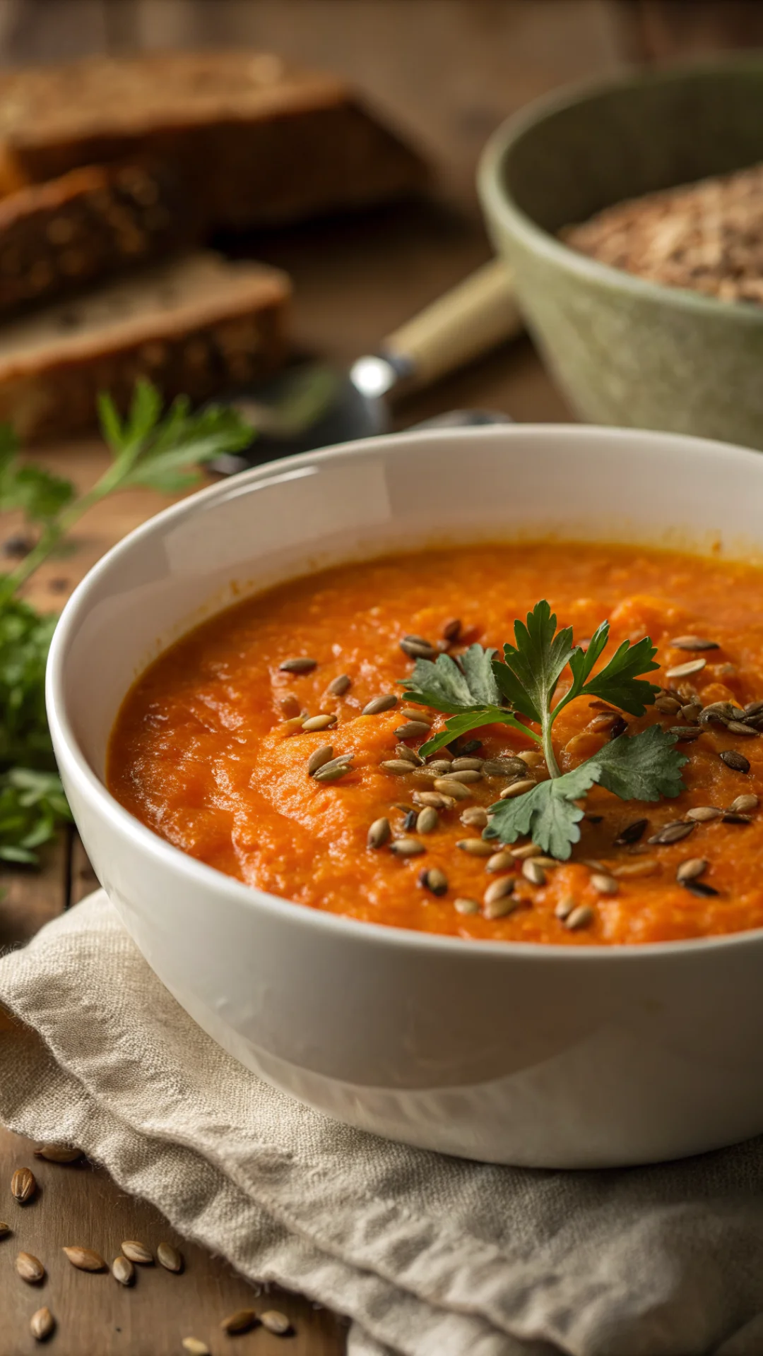 Close-up portrait of vibrant orange red lentil soup in a white bowl with cumin seeds on top, fresh herbs garnish, cozy warm l