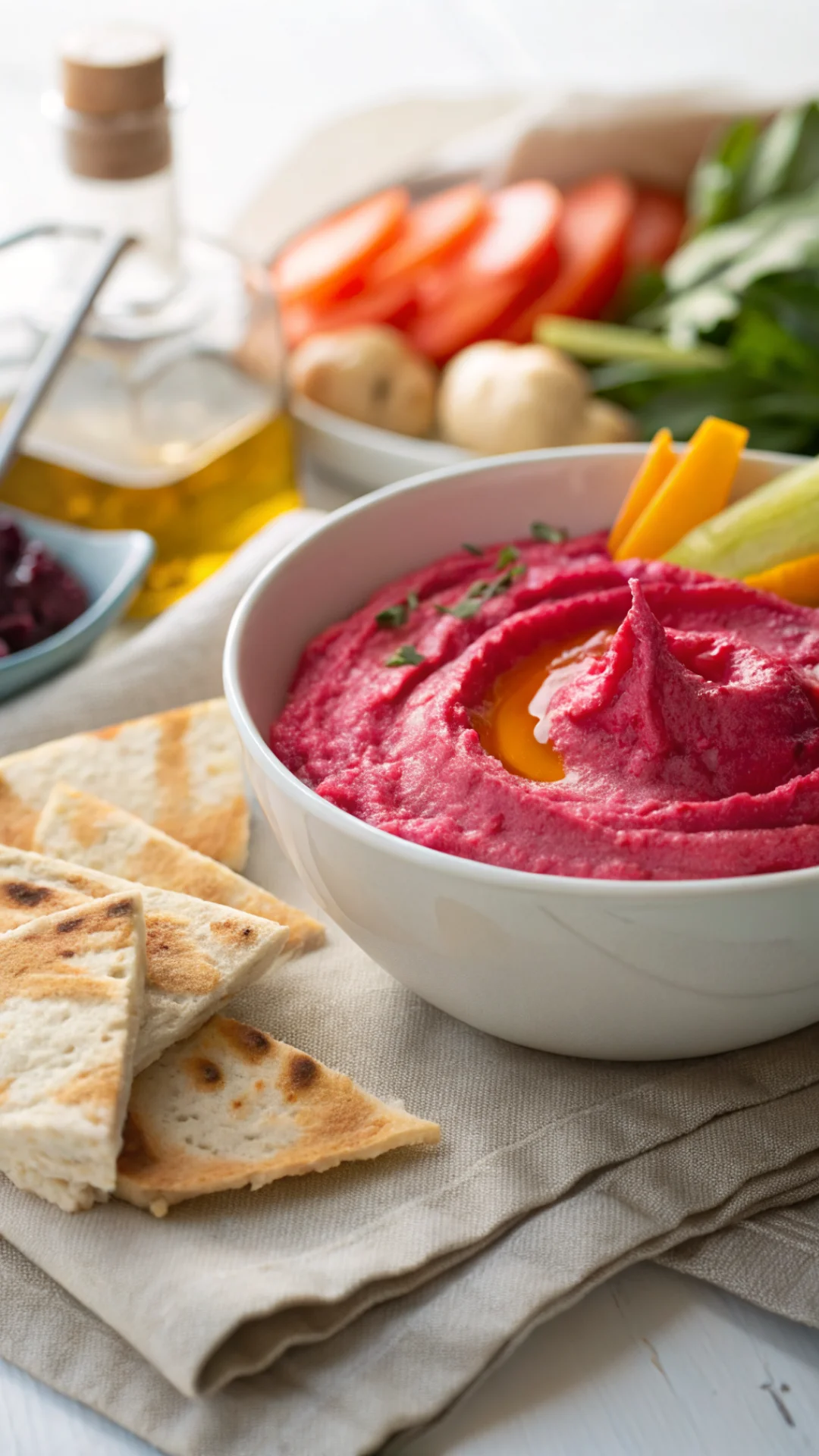 Close-up portrait of vibrant pink beetroot hummus dip in a white bowl with olive oil drizzle, served with colorful crudites a