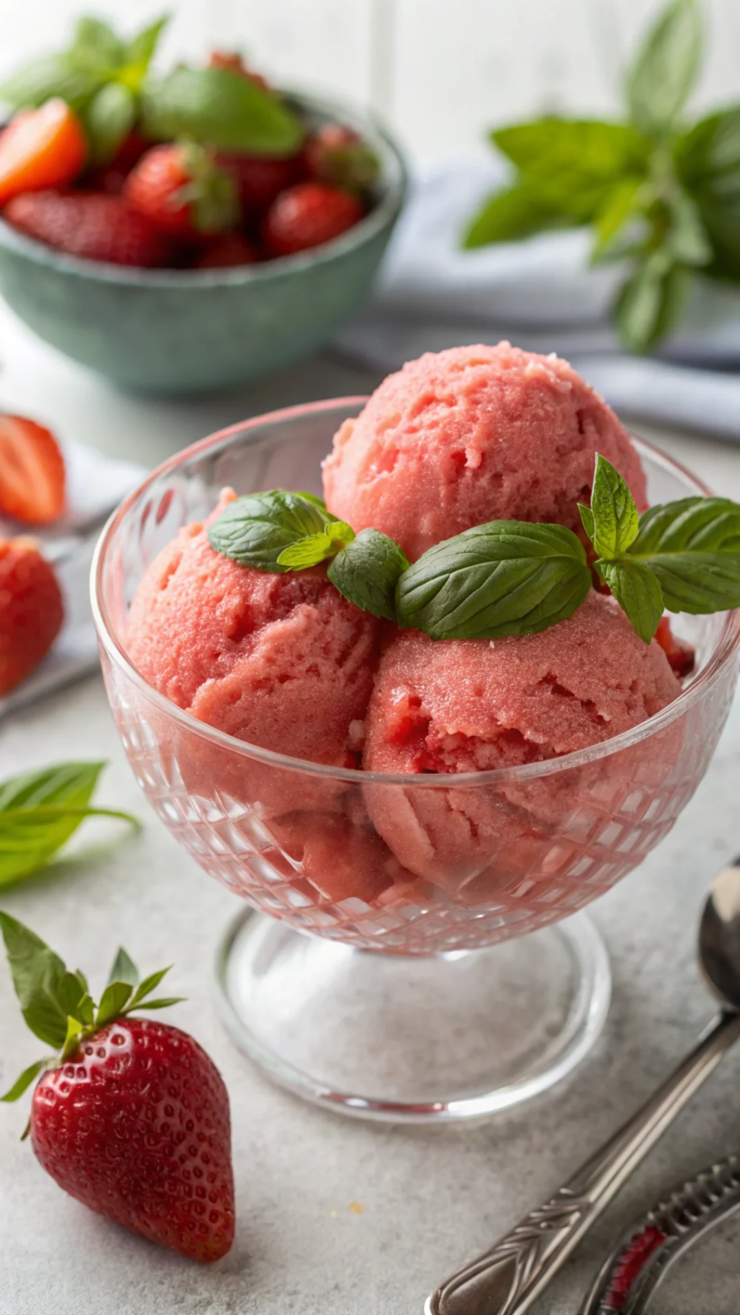Close-up portrait of vibrant pink strawberry and basil sorbet scoops in a glass bowl garnished with fresh basil leaves, summe