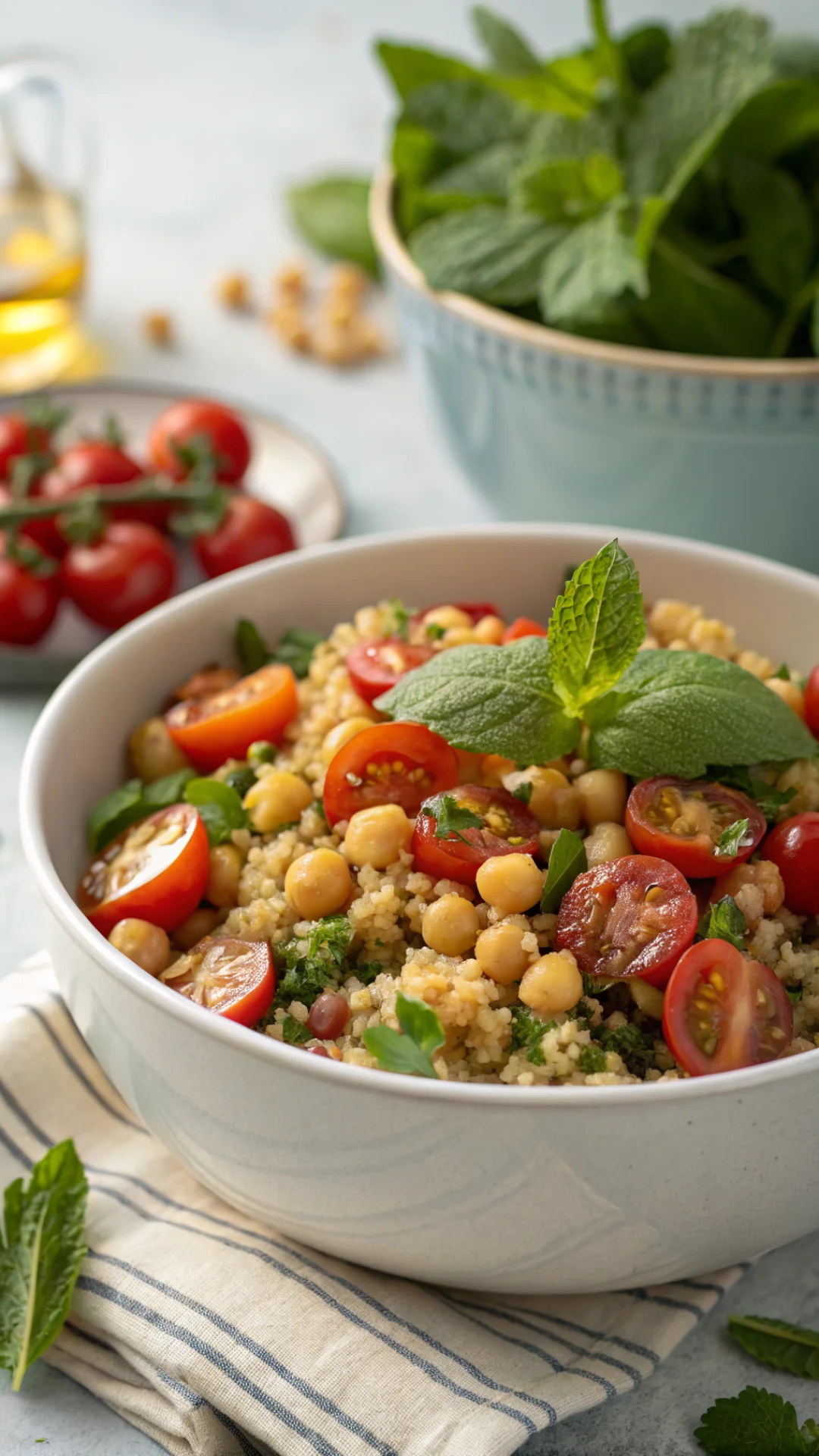 Close-up portrait of vibrant quinoa summer salad with chickpeas, cherry tomatoes, fresh mint and parsley in a white bowl, nat