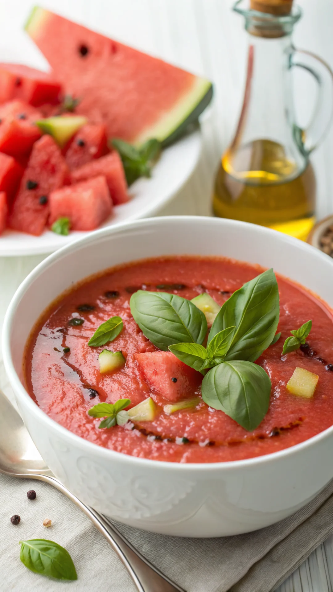 Close-up portrait of vibrant red gazpacho soup with watermelon in a white bowl, garnished with fresh basil leaves and olive o