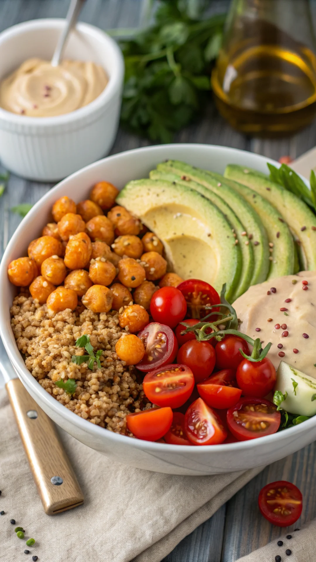 Close-up portrait of vibrant summer Buddha bowl with quinoa avocado crispy chickpeas cherry tomatoes hummus tahini drizzle, f