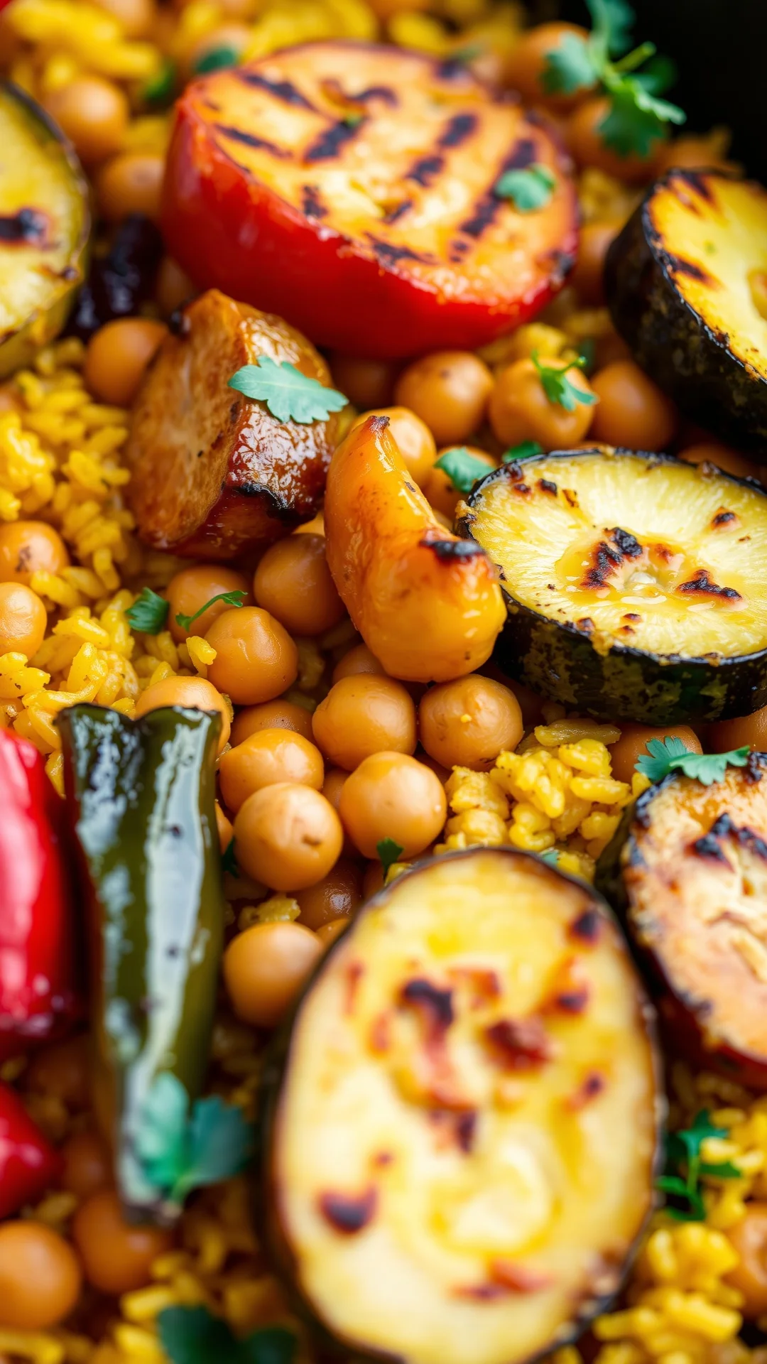 Close-up portrait of vibrant vegetarian paella with grilled colorful peppers, artichokes, zucchini, chickpeas, bright yellow