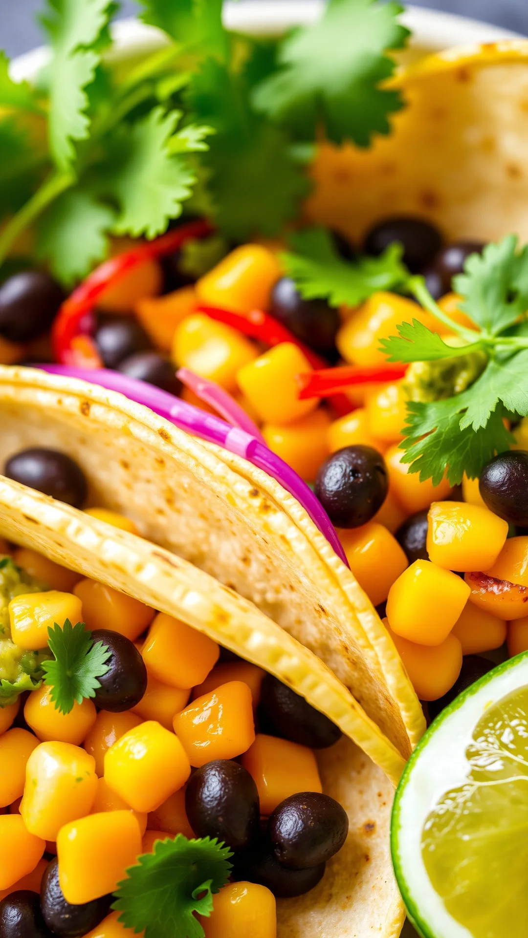 Close-up portrait of vibrant vegetarian tacos with black beans, sweet corn, green guacamole, fresh coriander, colorful tortil