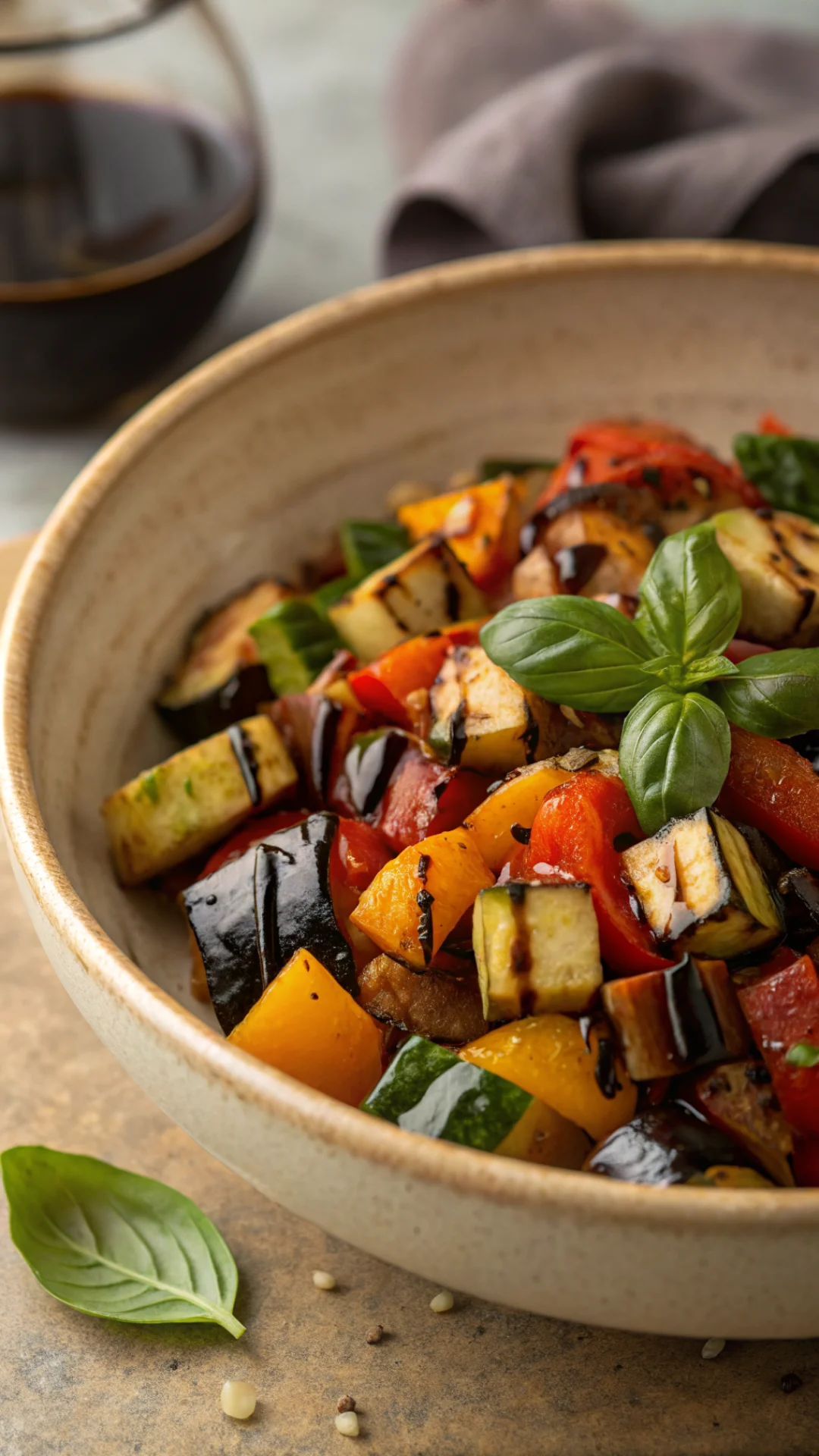 Close-up portrait of warm ratatouille salad with colorful eggplant zucchini and peppers cubes topped with fresh basil and bal