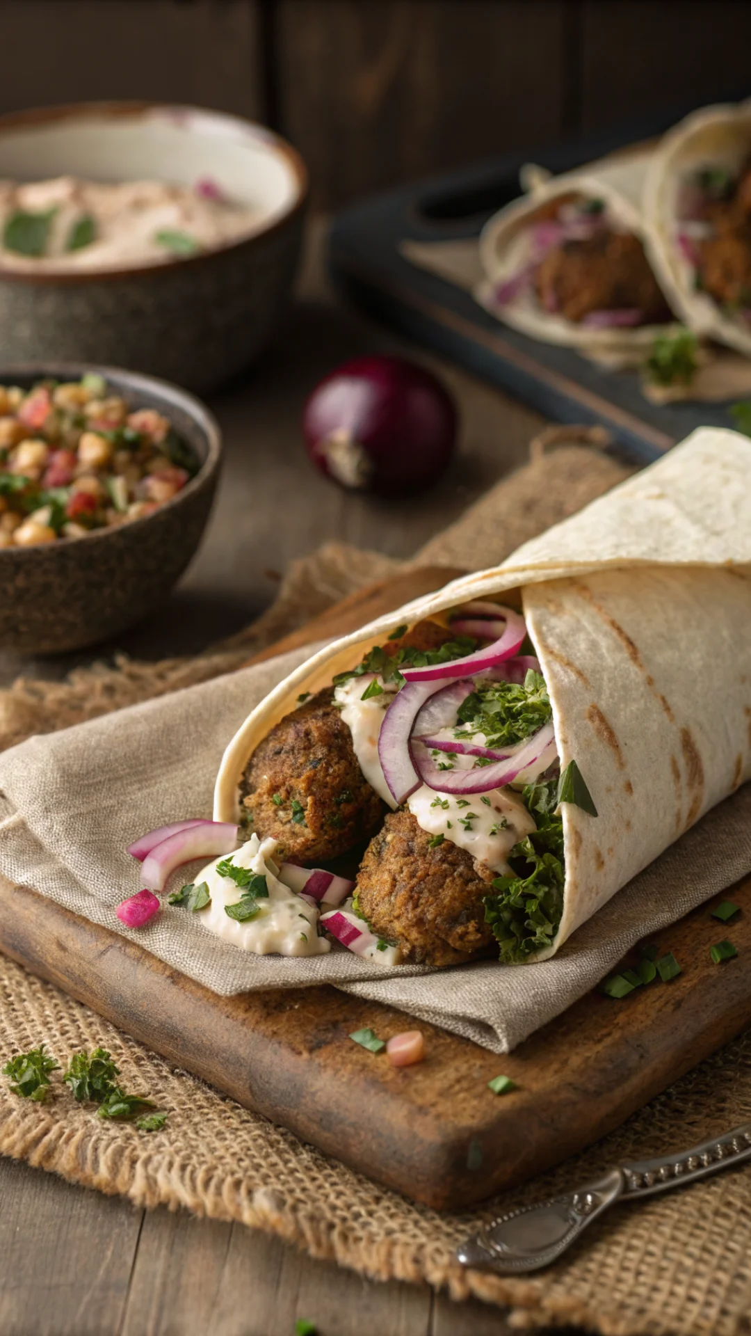 Close-up portrait photo of a falafel wrap with tabbouleh, tahini sauce and red onion slices, Middle Eastern inspired, warm to