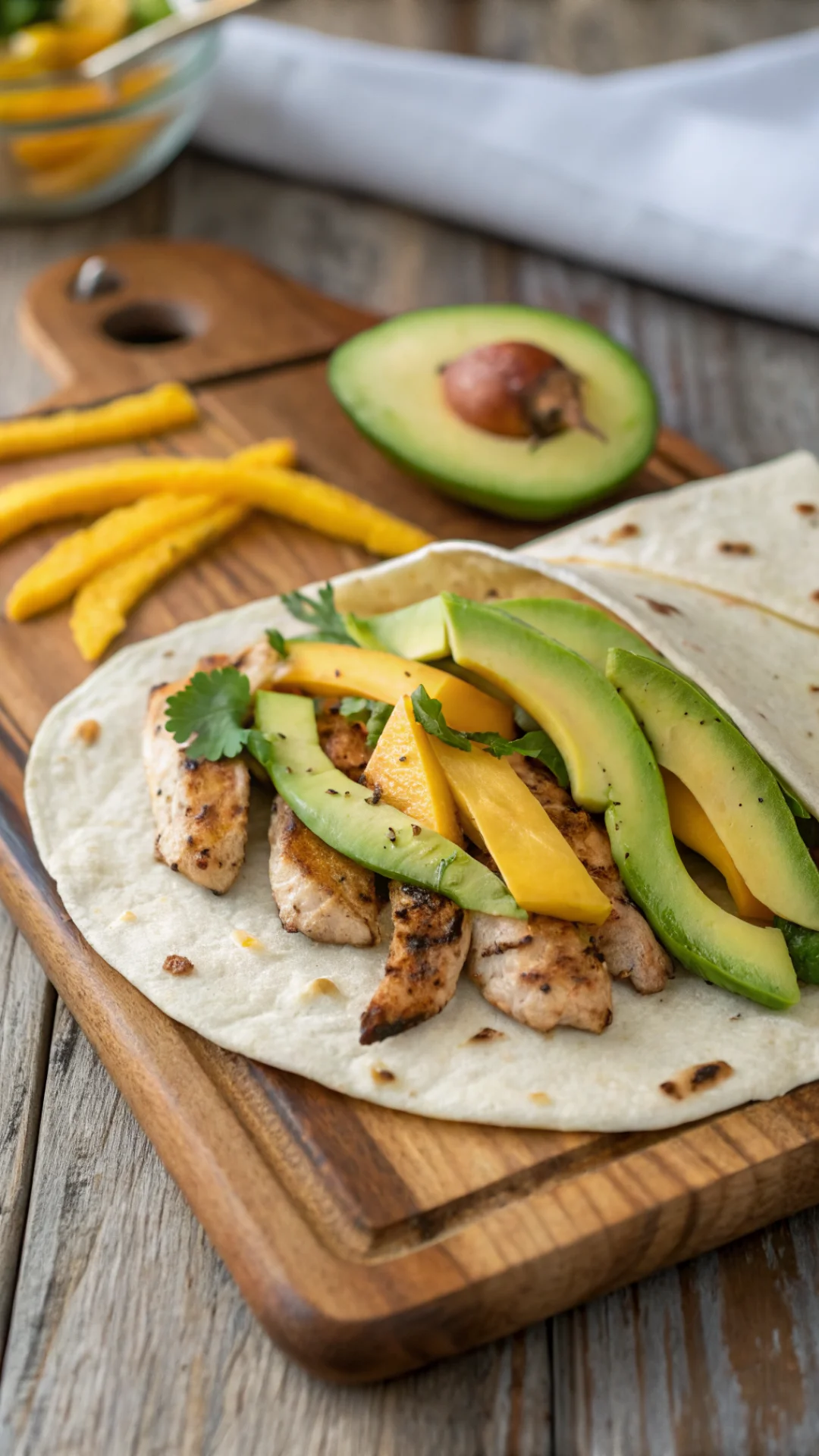 Close-up portrait photo of a grilled chicken wrap with avocado slices and fresh mango strips, vibrant summer colors, rustic w