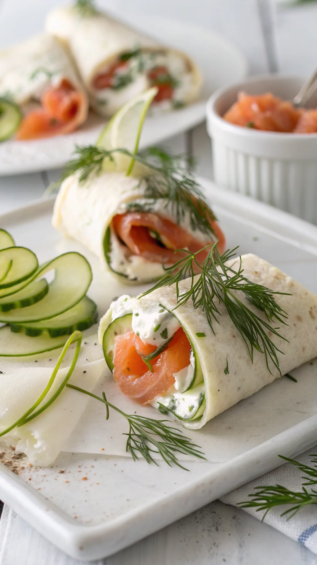 Close-up portrait photo of a smoked salmon wrap with cream cheese, cucumber ribbons and fresh dill, elegant white background,