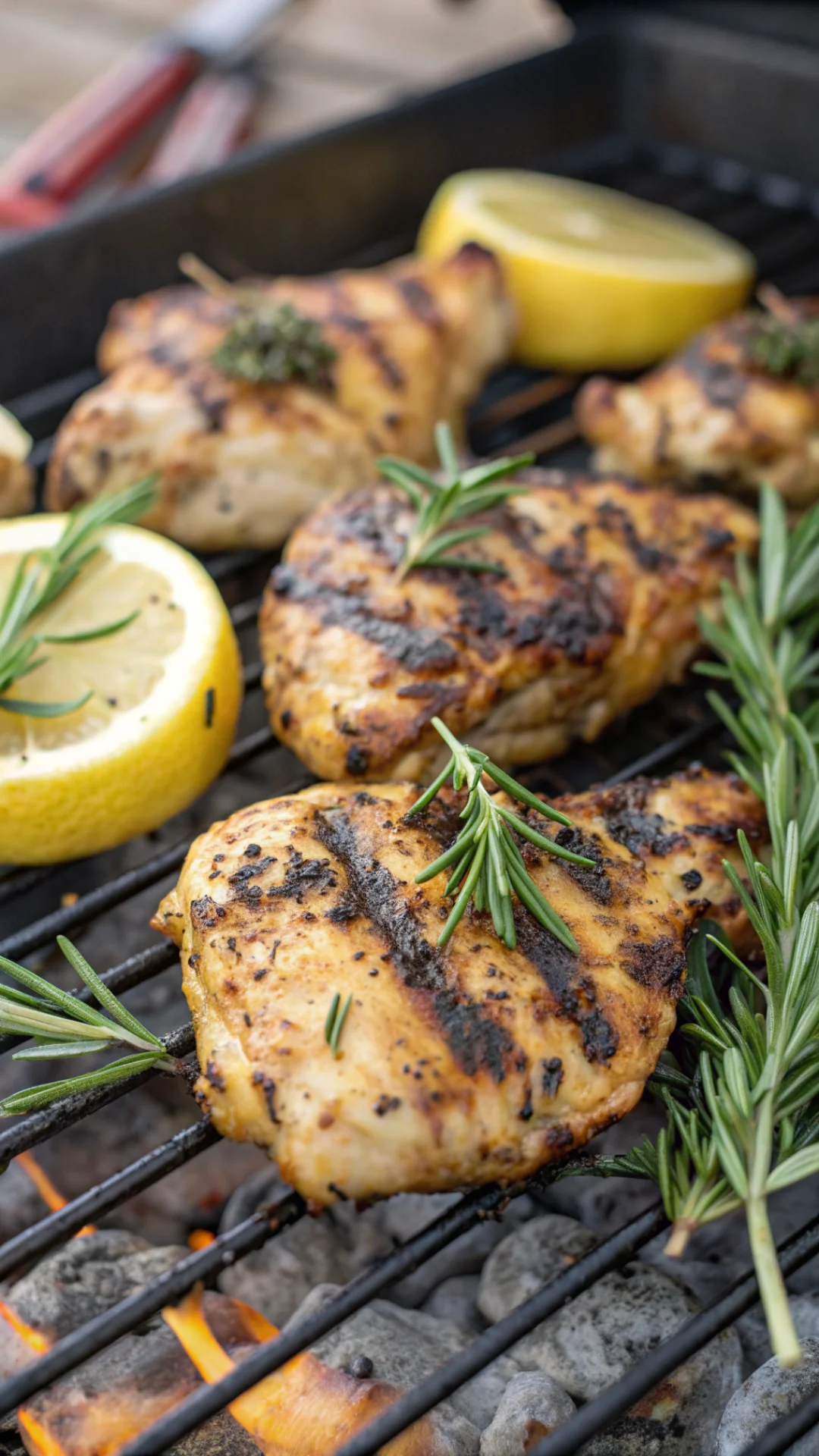 Close-up portrait photo of golden grilled lemon herb chicken thighs on barbecue grill, charred marks, fresh rosemary and thym
