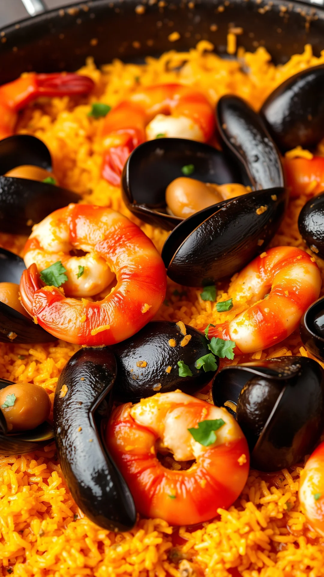 Close-up portrait shot of classic Valencian seafood paella with mussels, shrimp, calamari, saffron golden rice in a large tra