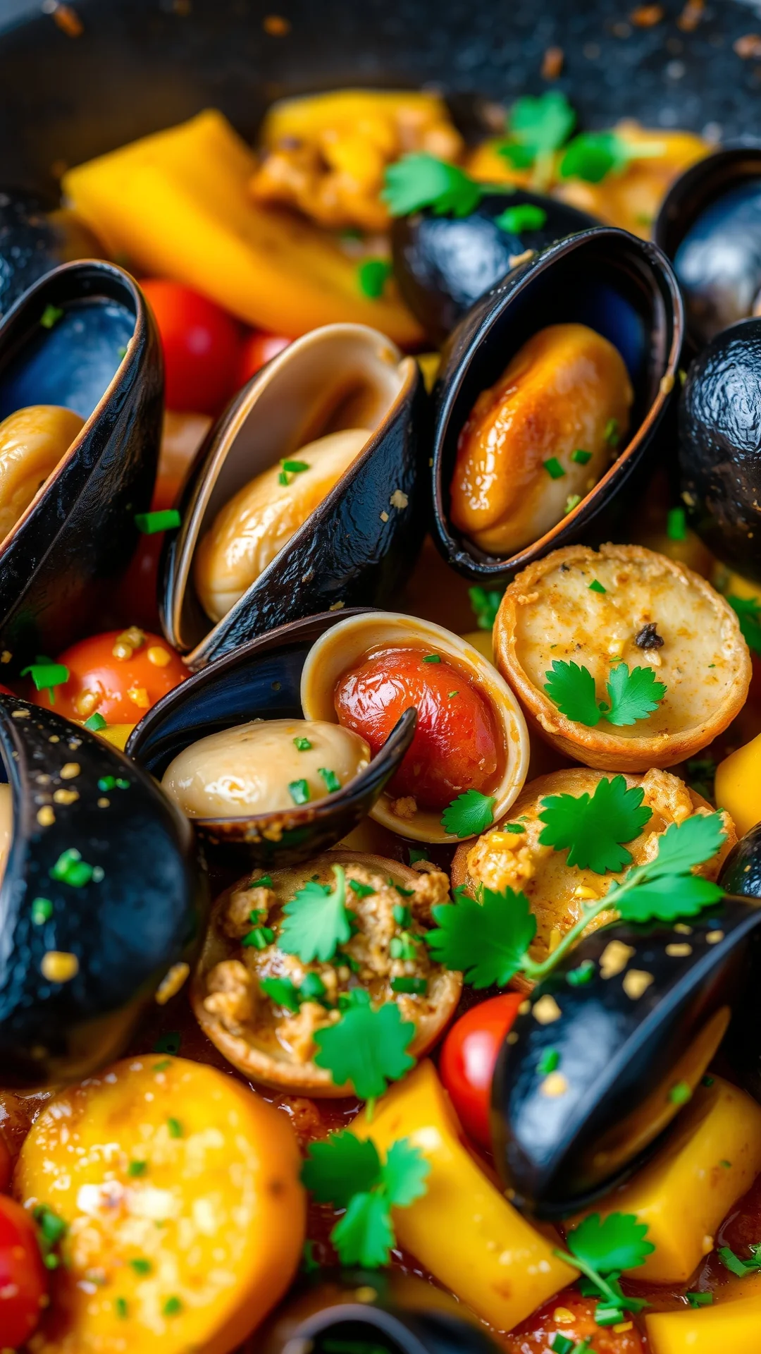 Close-up portrait shot of colorful light seafood paella with mussels, clams, zucchini, yellow peppers, cherry tomatoes, fresh
