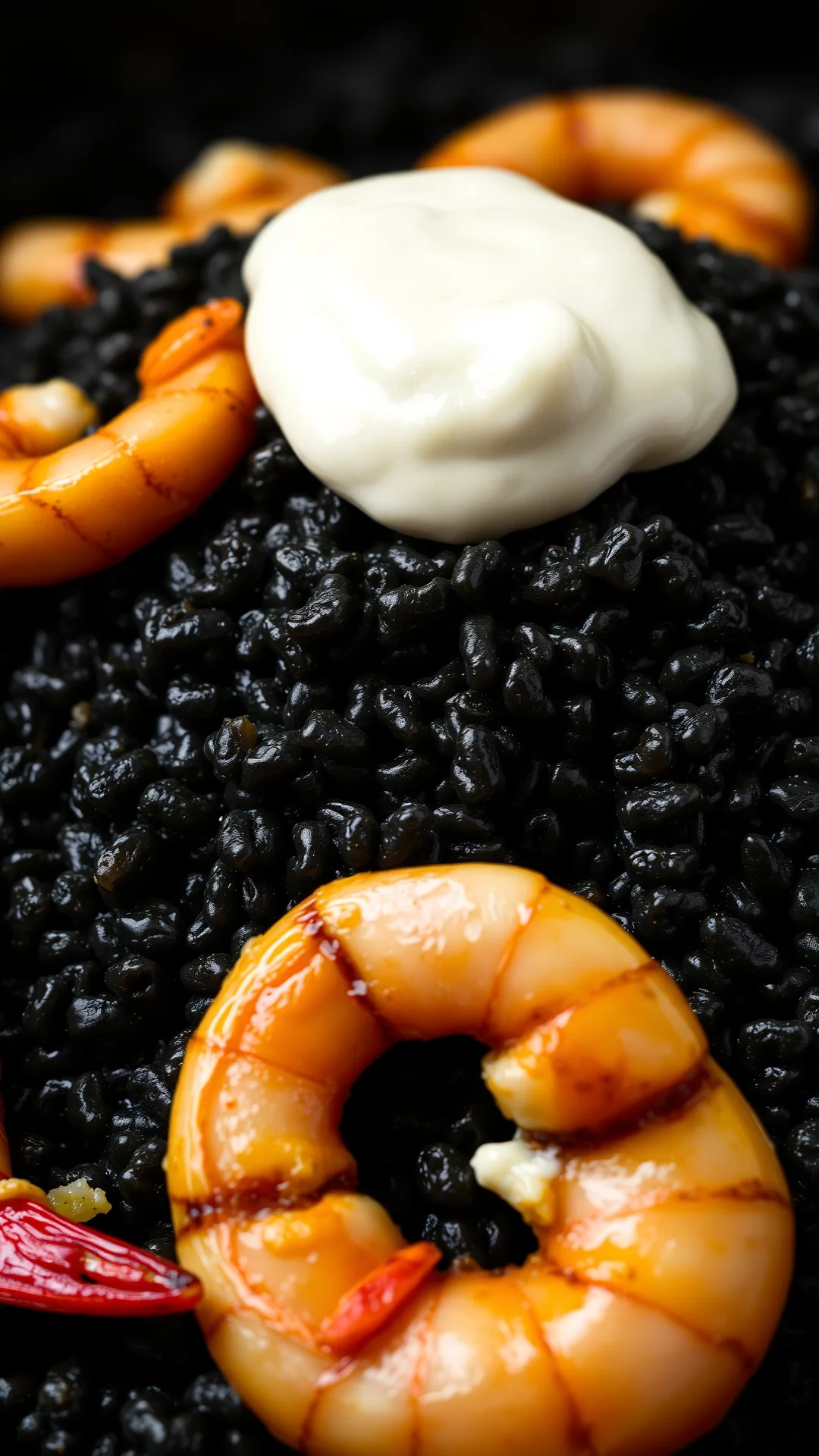 Close-up portrait shot of dramatic black squid ink paella with cuttlefish rings and shrimp, striking dark rice contrast, whit
