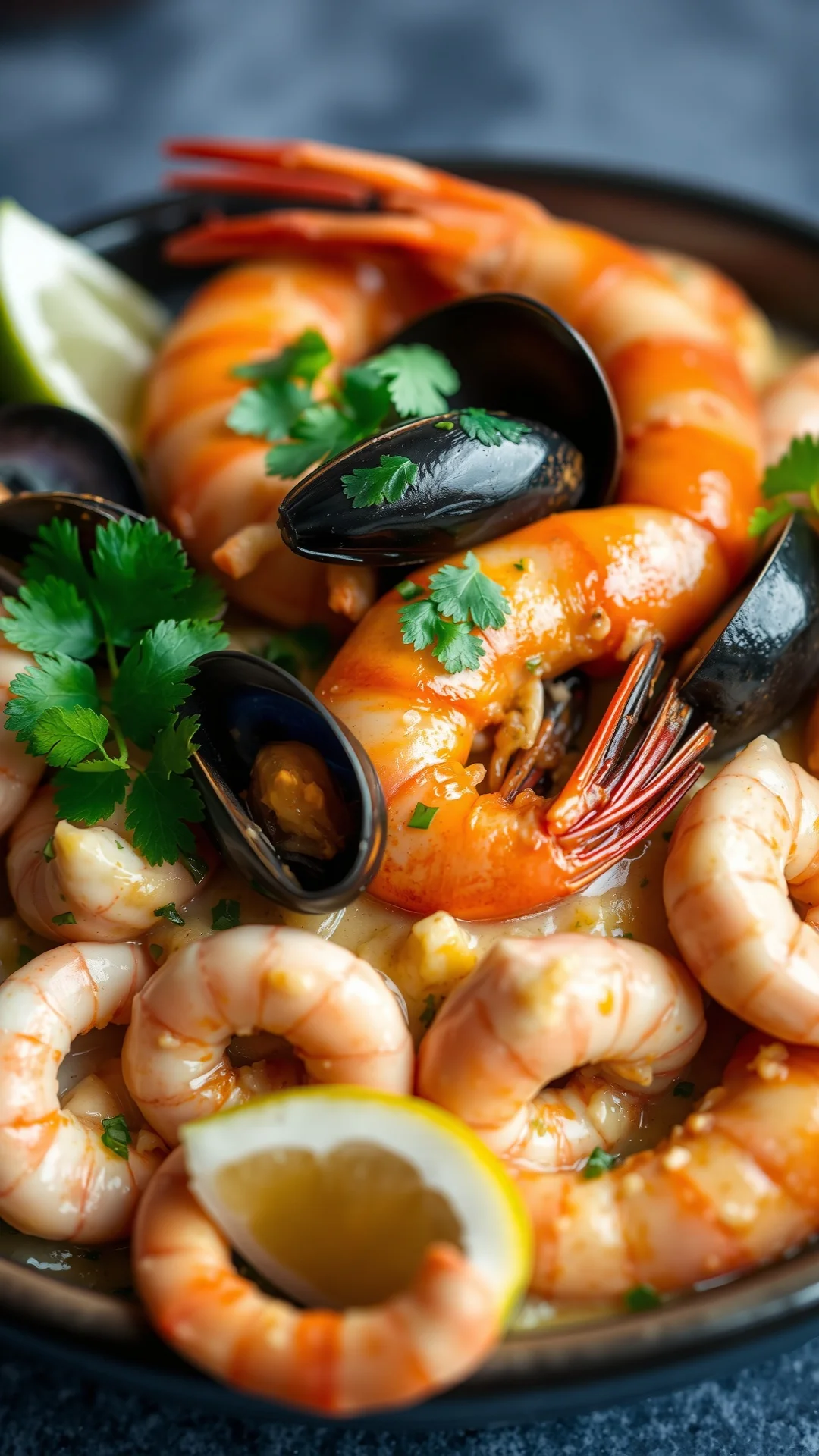 Close-up portrait shot of exotic fusion coconut milk seafood paella with tiger prawns, mussels, calamari, fresh coriander, li