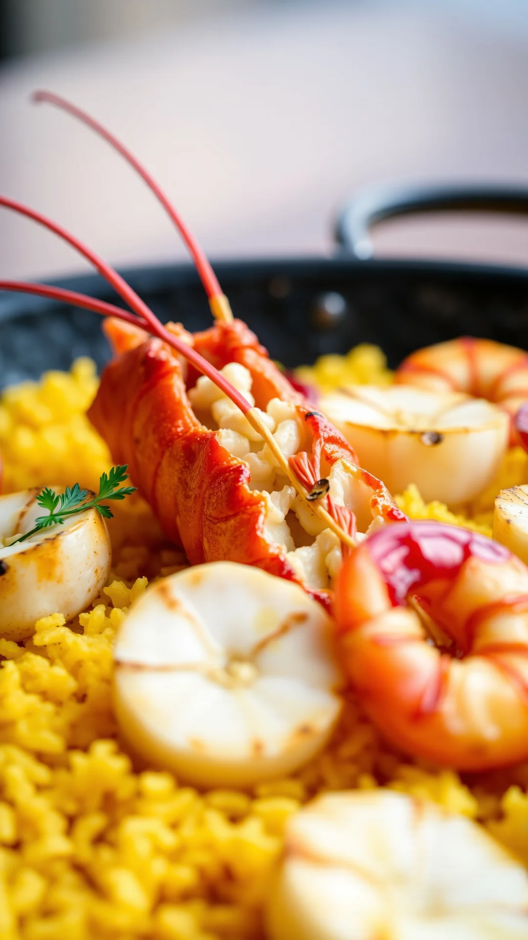 Close-up portrait shot of luxurious royal paella with lobster, seared scallops, king prawns on golden saffron rice, elegant p