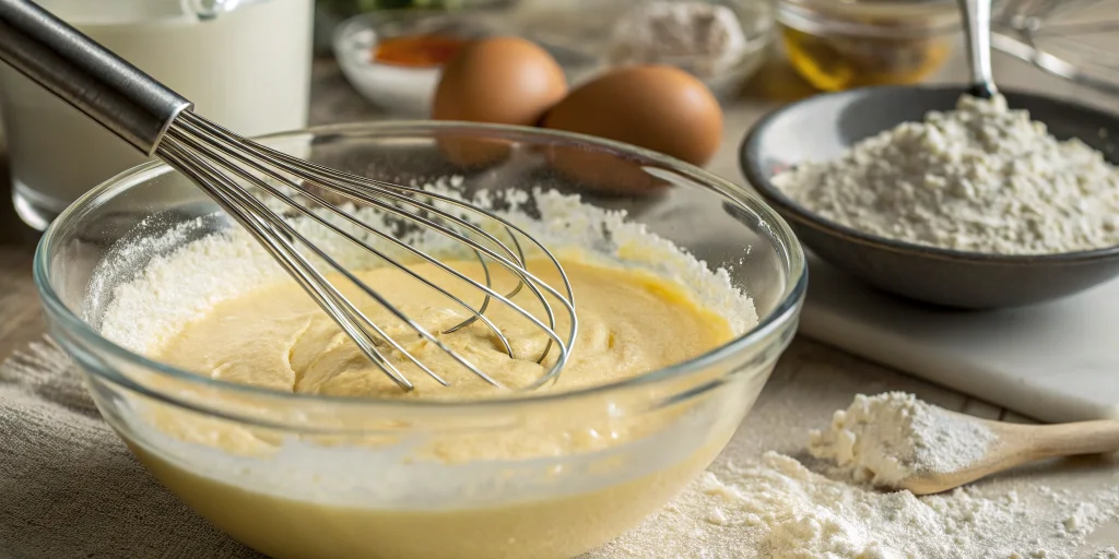 Close-up process shot of whisking eggs and flour mixture in a glass bowl, showing smooth creamy batter texture, kitchen utens